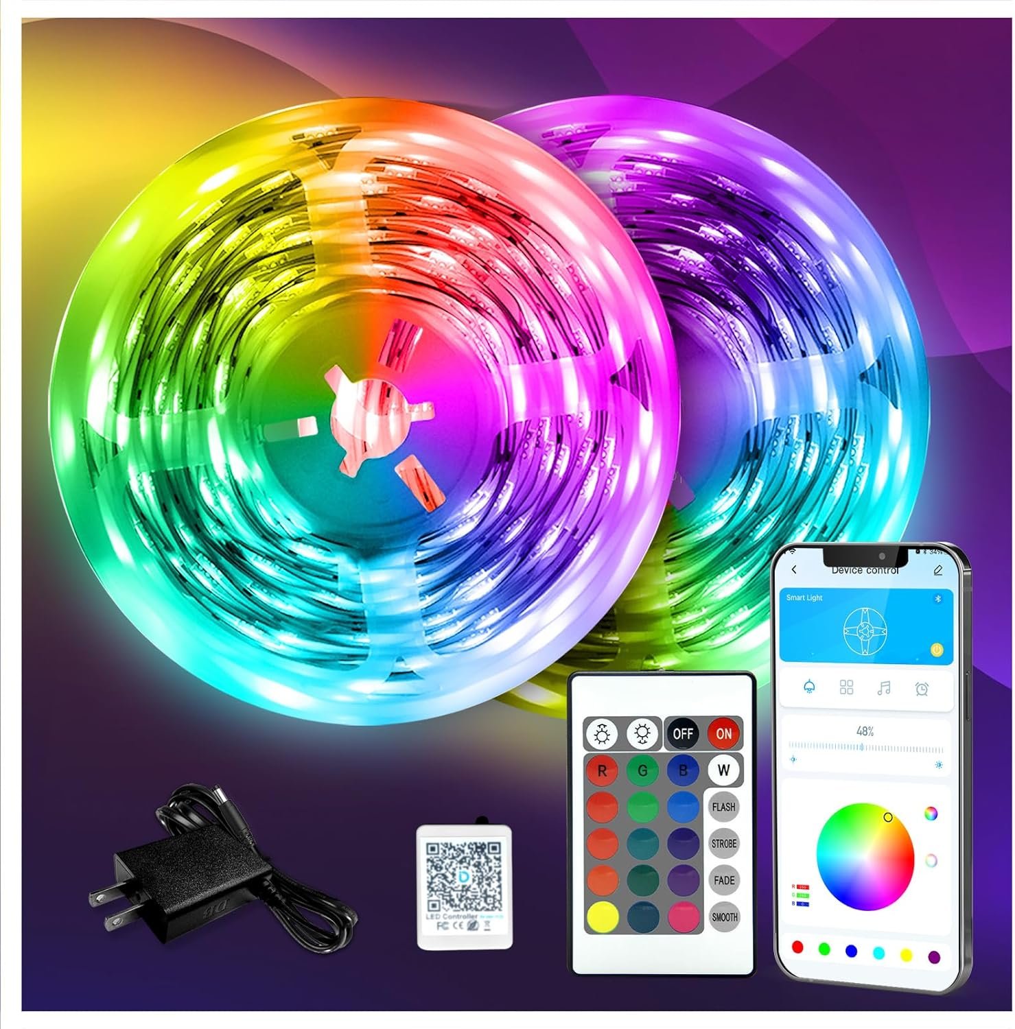 130英尺RGB LED灯条：租房留学生熬夜赶due神器，遥控调光一键营造温馨小窝