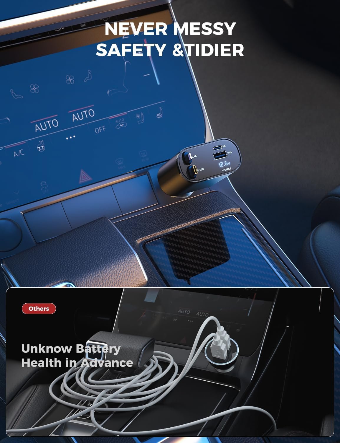 留学生自驾长途手机充电不焦虑：4合1伸缩车载快充 2.6英尺线缆 USB-C苹果适配 兼容iPhone16/15/14/13 Galaxy Pixel