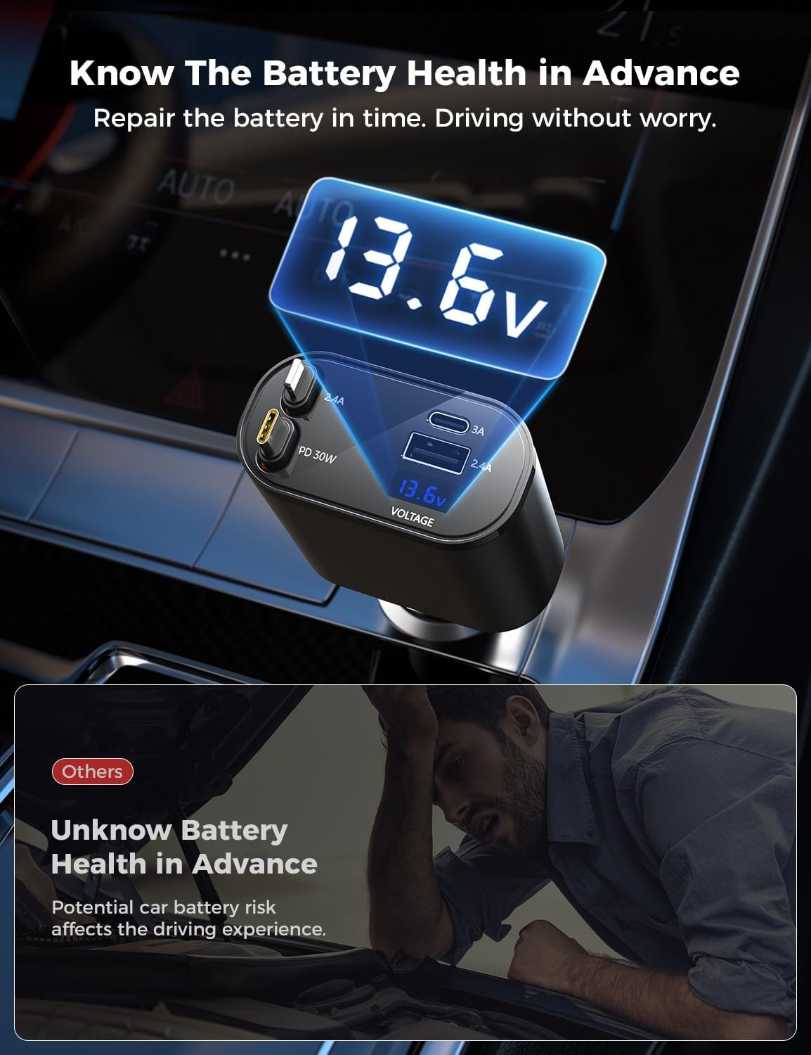 留学生自驾长途手机充电不焦虑：4合1伸缩车载快充 2.6英尺线缆 USB-C苹果适配 兼容iPhone16/15/14/13 Galaxy Pixel