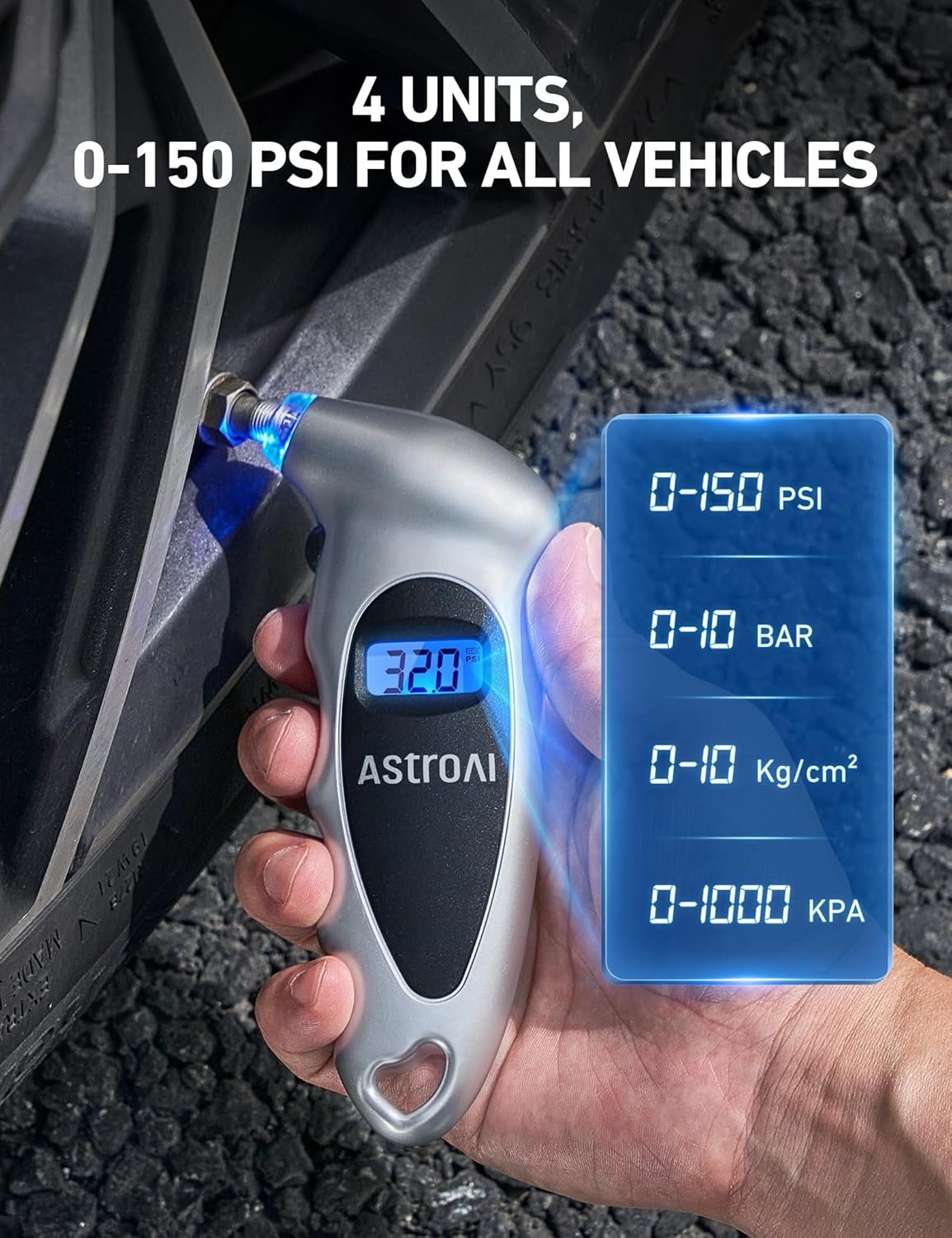 数字轮胎压力计 0-150PSI 精准0.1增量 背光LCD Presta阀适配器 4单位切换 留学生海外租车自驾神器 精准测压防爆胎省油安心长途
