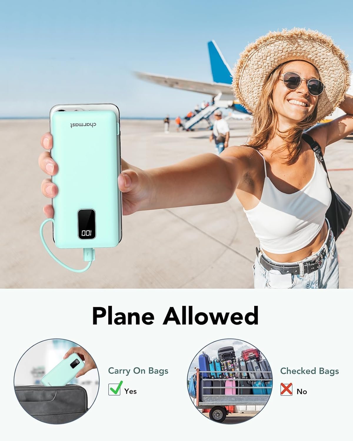 内置电缆10000mAh USB C快充充电宝 留学生熬夜赶due租房旅行手机续航神器 随身省心不断电