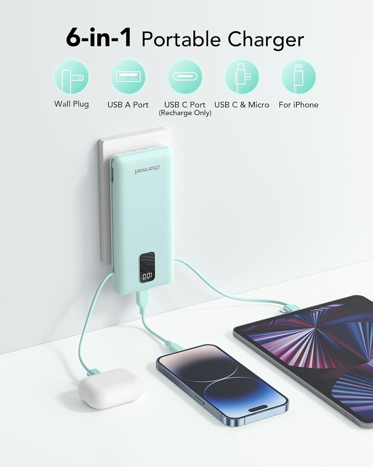 内置电缆10000mAh USB C快充充电宝 留学生熬夜赶due租房旅行手机续航神器 随身省心不断电