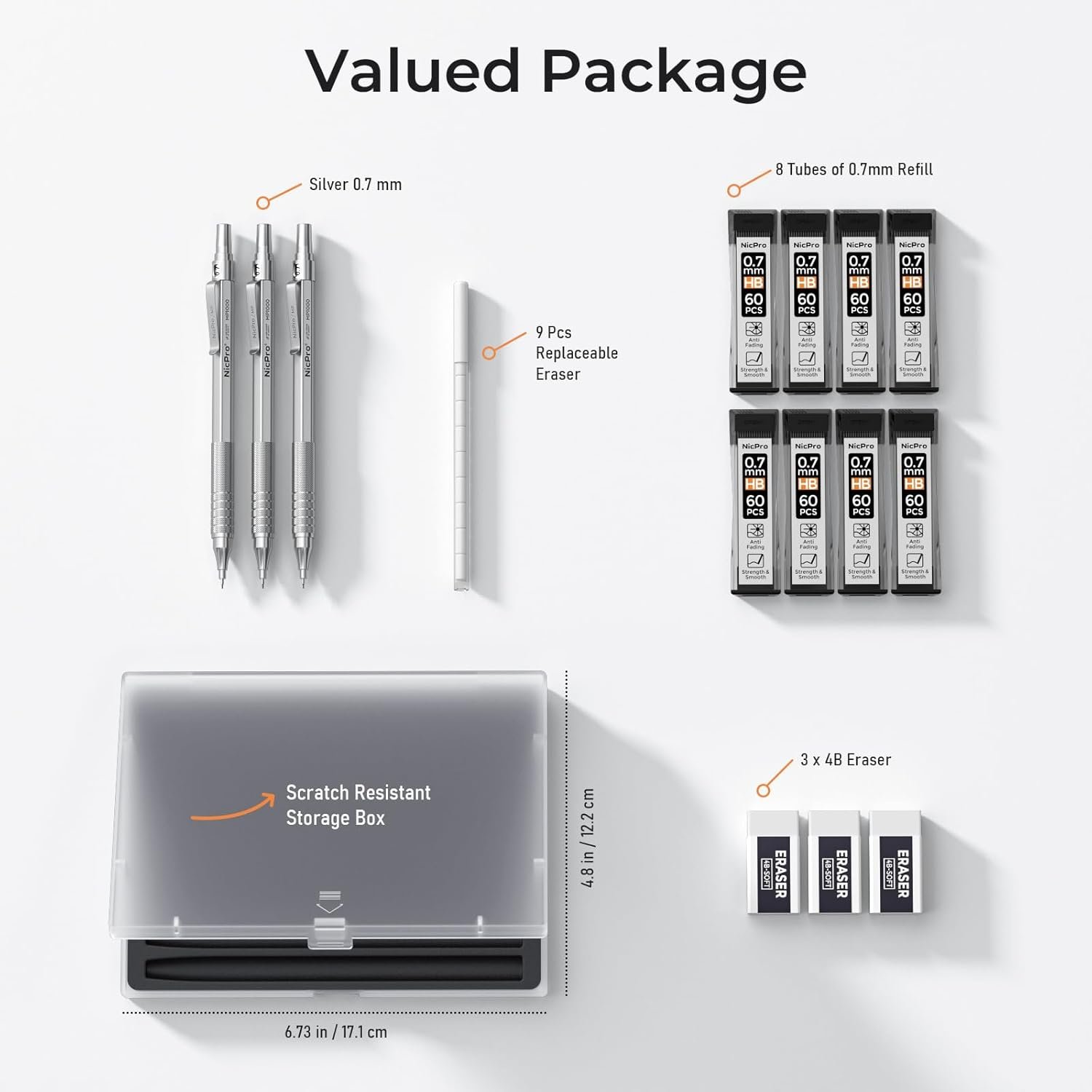 0.7mm金属自动铅笔套装带盒 留学生熬夜赶Due绘图利器 3支笔8管HB笔芯3橡皮9橡皮芯 宿舍超便携续航无忧