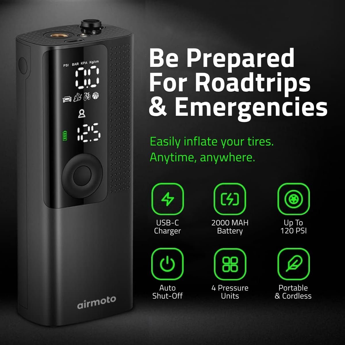 便携轮胎充气泵空气压缩机：留学生海外租车自驾应急神器，数字压力LED夜灯自动关机随时守护出行
