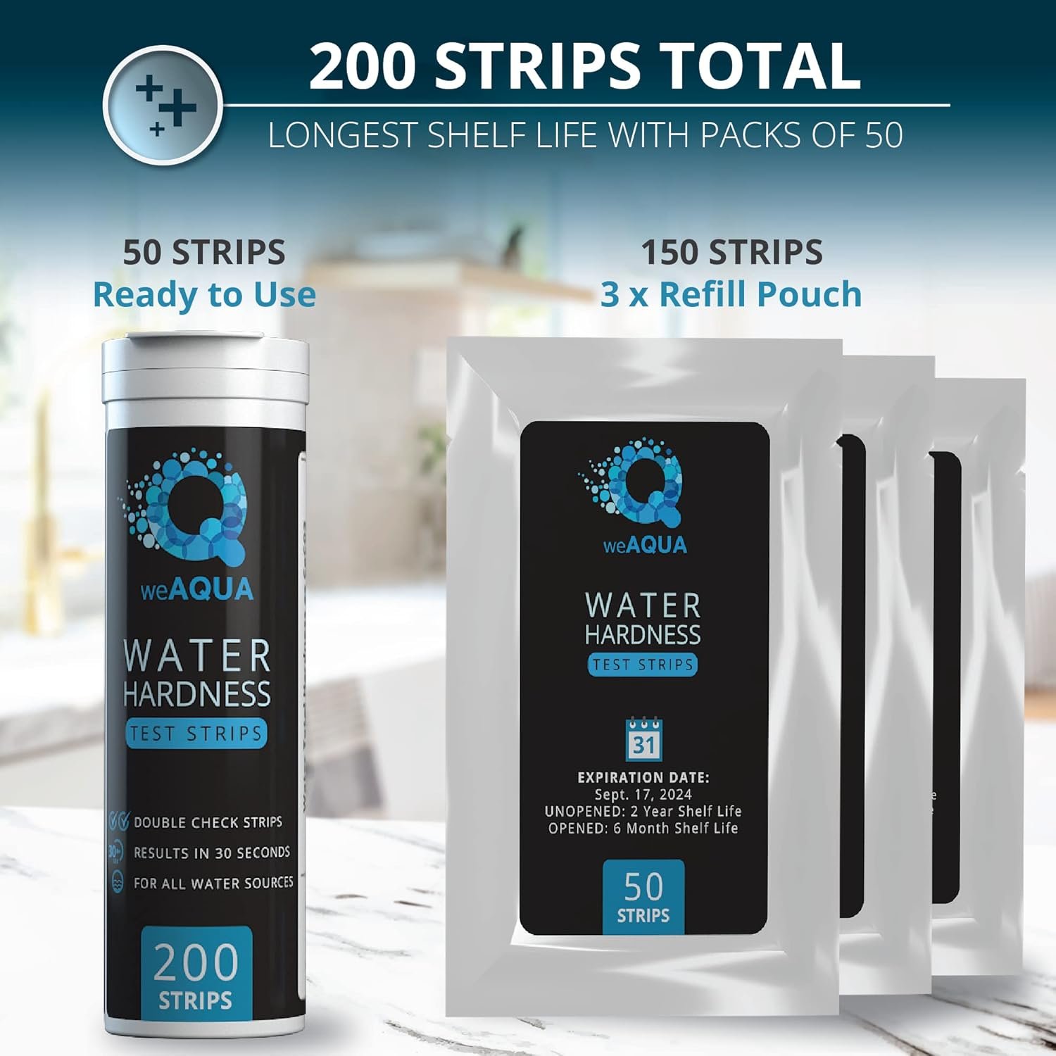 水硬度测试套装 200条带样杯 - 硬水测试条 (0-25 gpg / 0-425 ppm)：留学生租房水质守护神器，精准检测告别水垢肌肤干燥家电故障