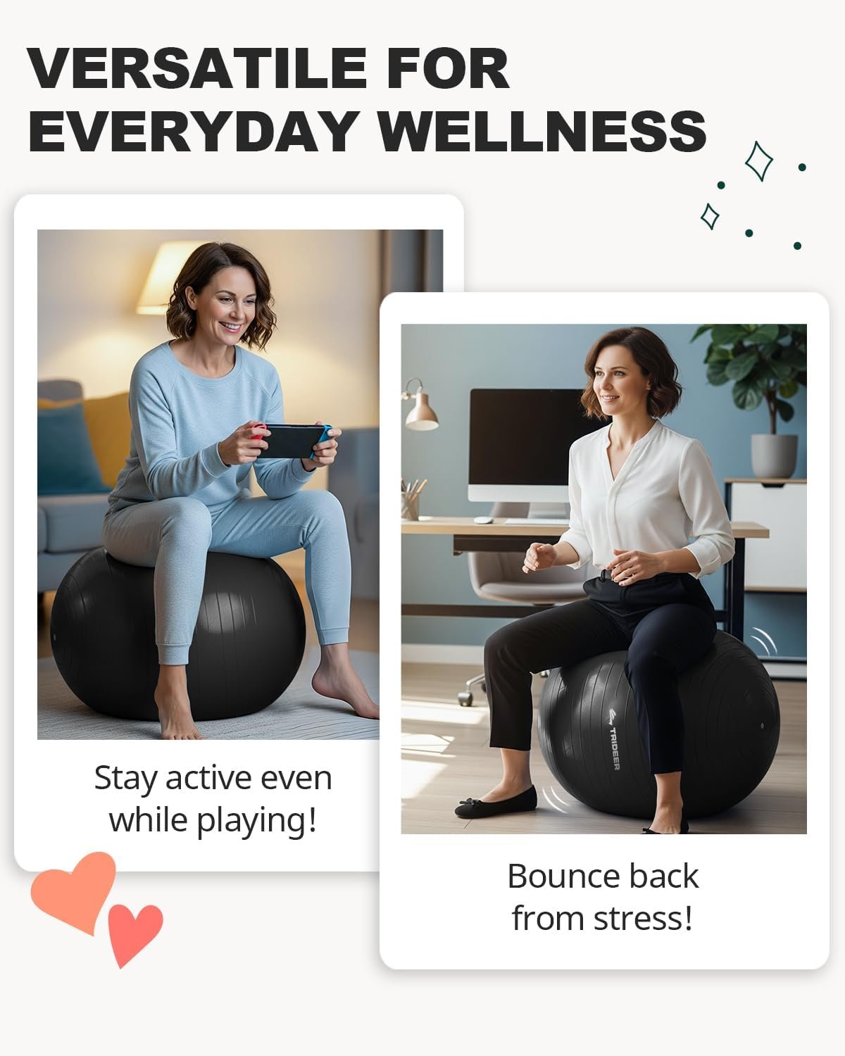 瑜伽健身稳定球 - 留学生租房小空间护腰神器，办公室椅替代缓解熬夜赶due腰背酸痛，平衡核心训练物理治疗带泵5尺寸