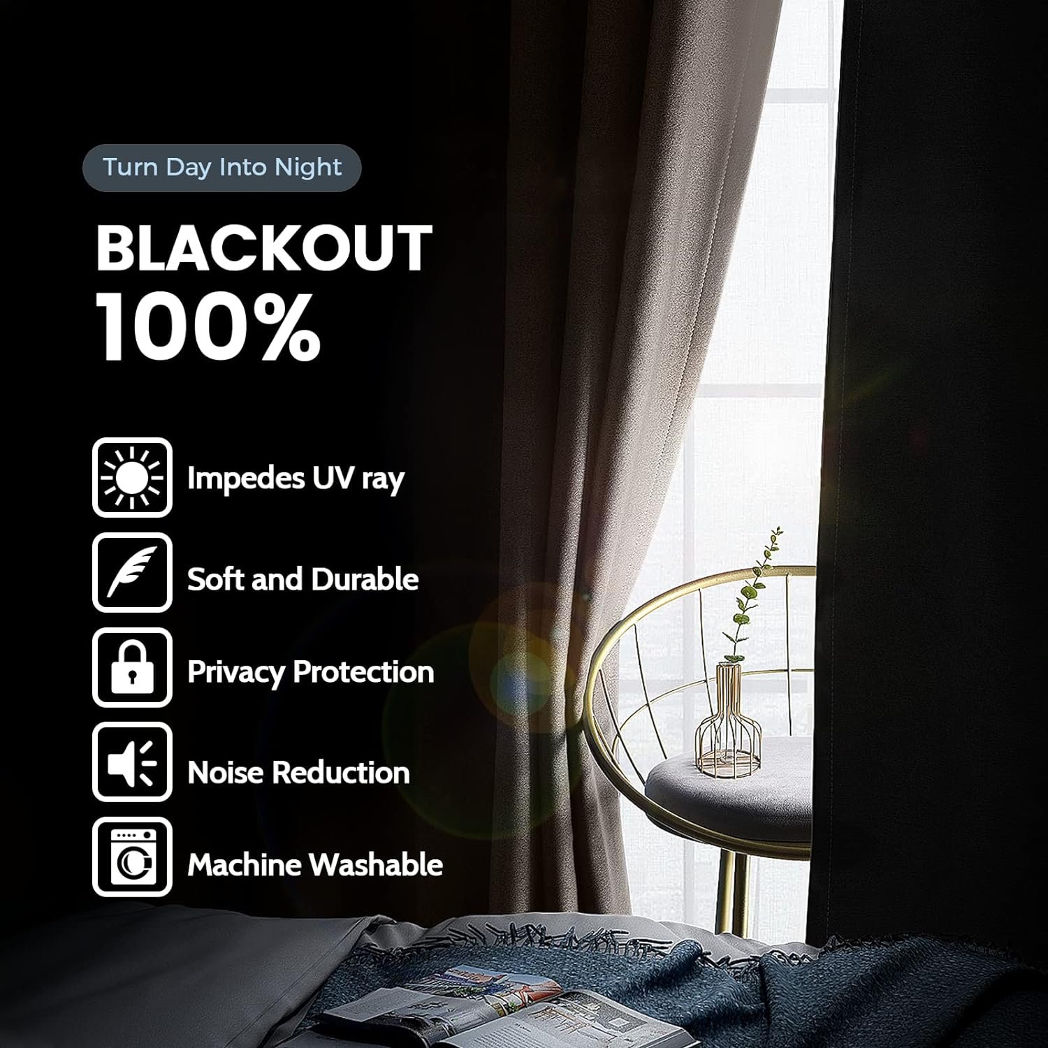 100%遮光保温窗帘 留学生租房熬夜赶due彻底黑化助眠 奶油色黑背扣环易挂52x84英寸2片