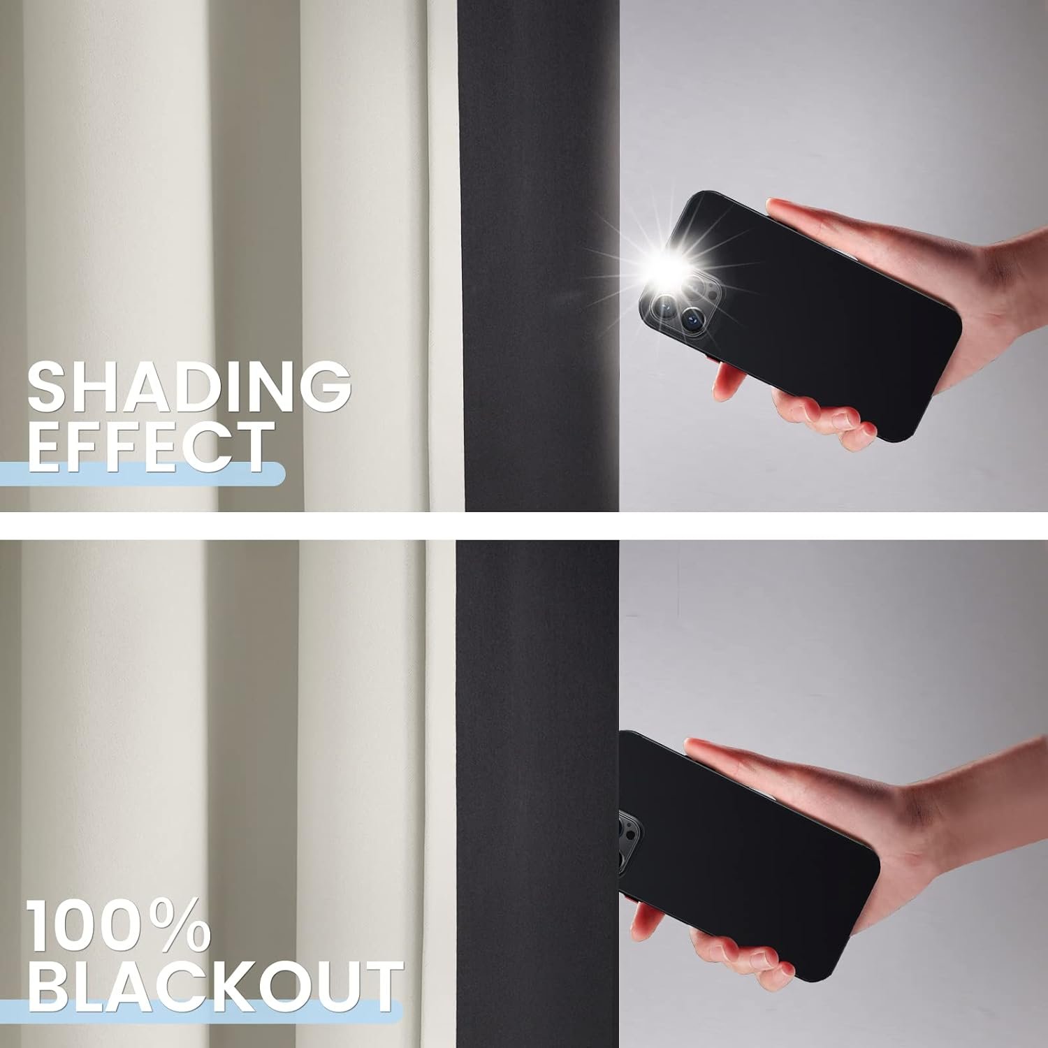 100%遮光保温窗帘 留学生租房熬夜赶due彻底黑化助眠 奶油色黑背扣环易挂52x84英寸2片