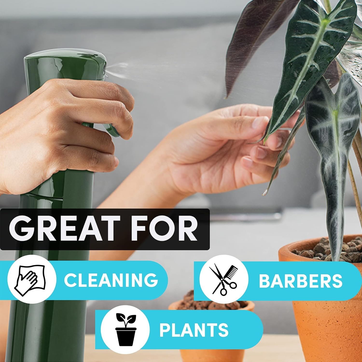 连续喷雾瓶(300ml超细雾化)：留学生宿舍头发速定型、植物保湿、精油舒压多功能喷壶 - 绿色