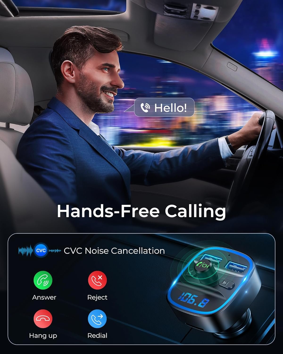 车载蓝牙FM发射器：留学生海外自驾听歌充电免提通话一机搞定，长途旅行缓解乡愁更安心