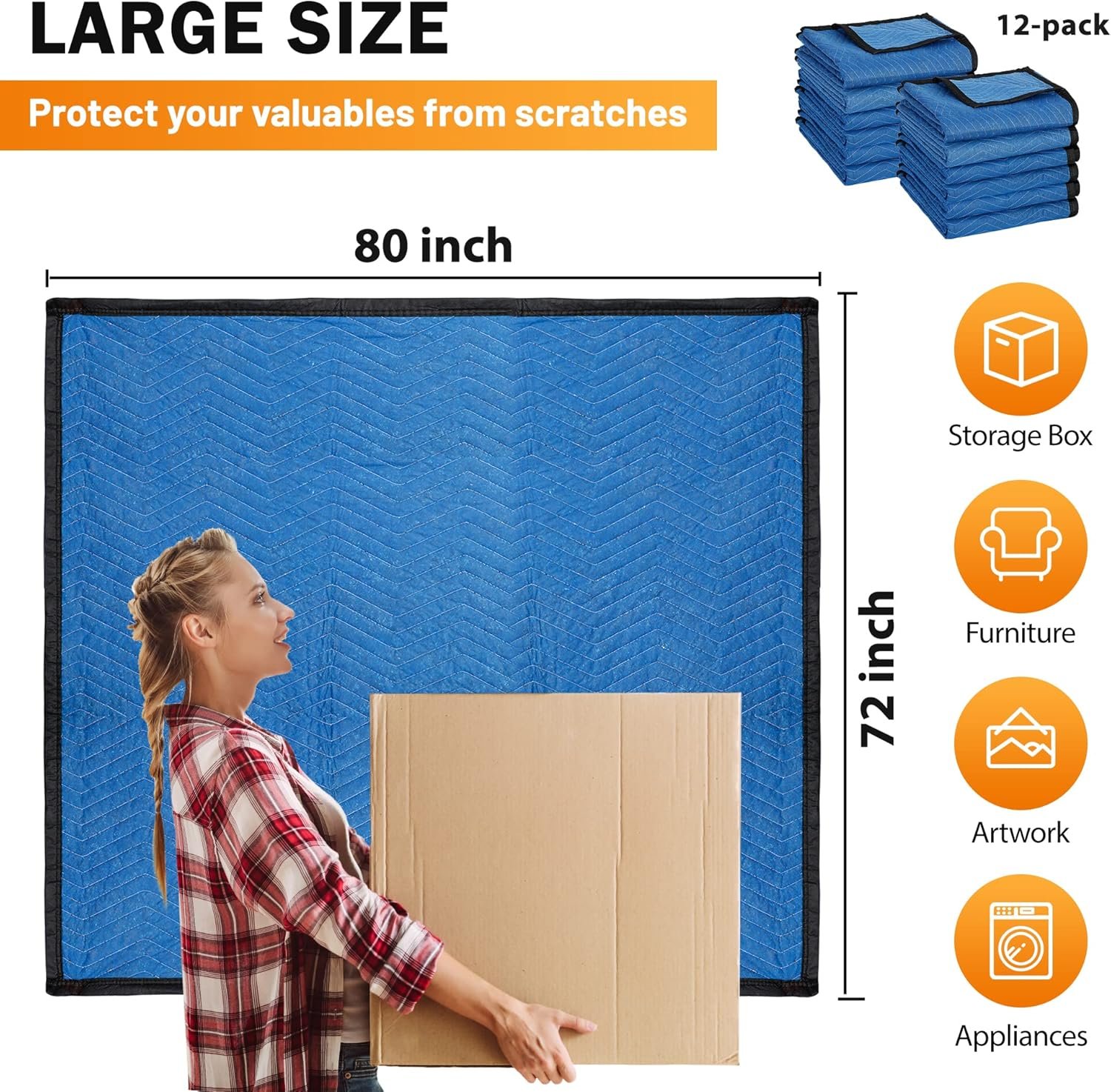 12件80x72英寸重型家具保护毯 留学生海外租房搬家零损伤神器 专业绗缝防撞垫蓝12PCS