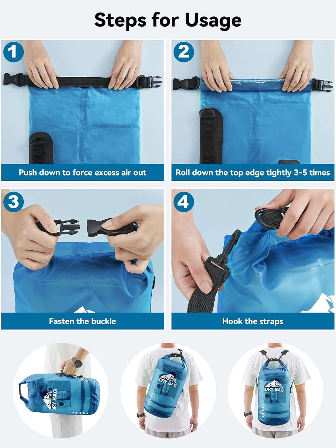 防水干袋5L/10L/20L/30L/40L滚顶轻便背包带手机壳，留学生海外雨季旅行海滩露营神器，手机证件衣物全程干爽无忧