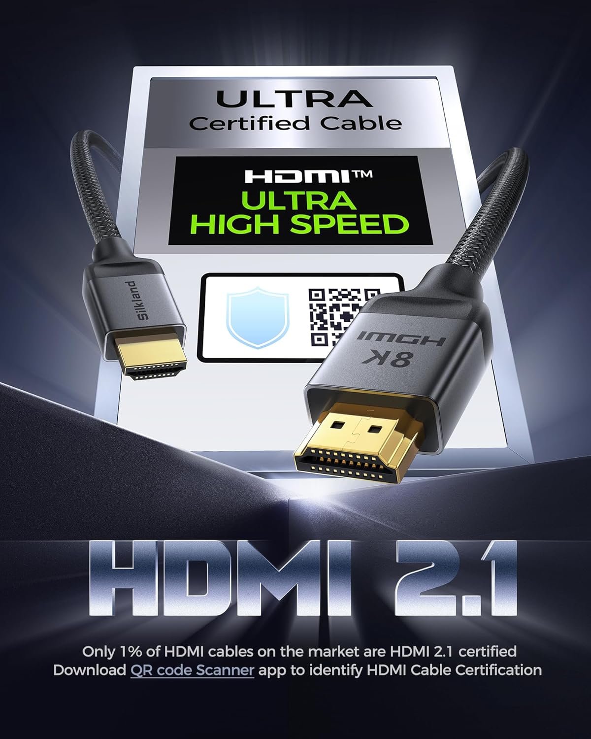 认证HDMI 2.1线缆 [4K@240Hz 144Hz 120Hz 8K@60Hz] 1440P超高速48Gbps升级编织 HDR10+ eARC HDCP2.3 兼容Xbox/PS5/PS4/Roku TV-2米：留学生宿舍熬夜游戏不卡顿 海外租房高清追剧放松神器