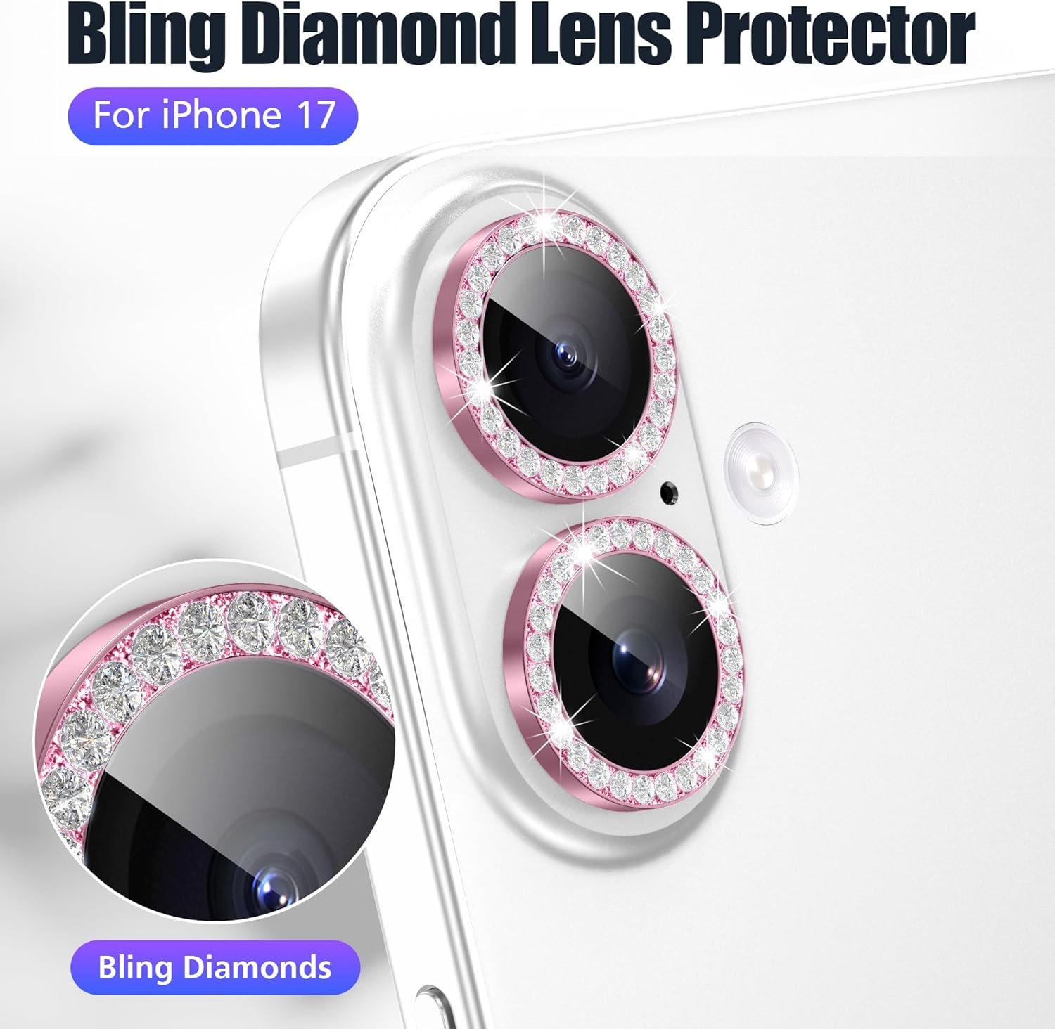 iPhone 17 6.3寸闪钻闪粉金属环镜头保护膜 3+3 6件装 9H钢化高清玻璃 Bling粉 | 留学生海外旅行防刮拍照神器 租房自拍记录异国日常无忧