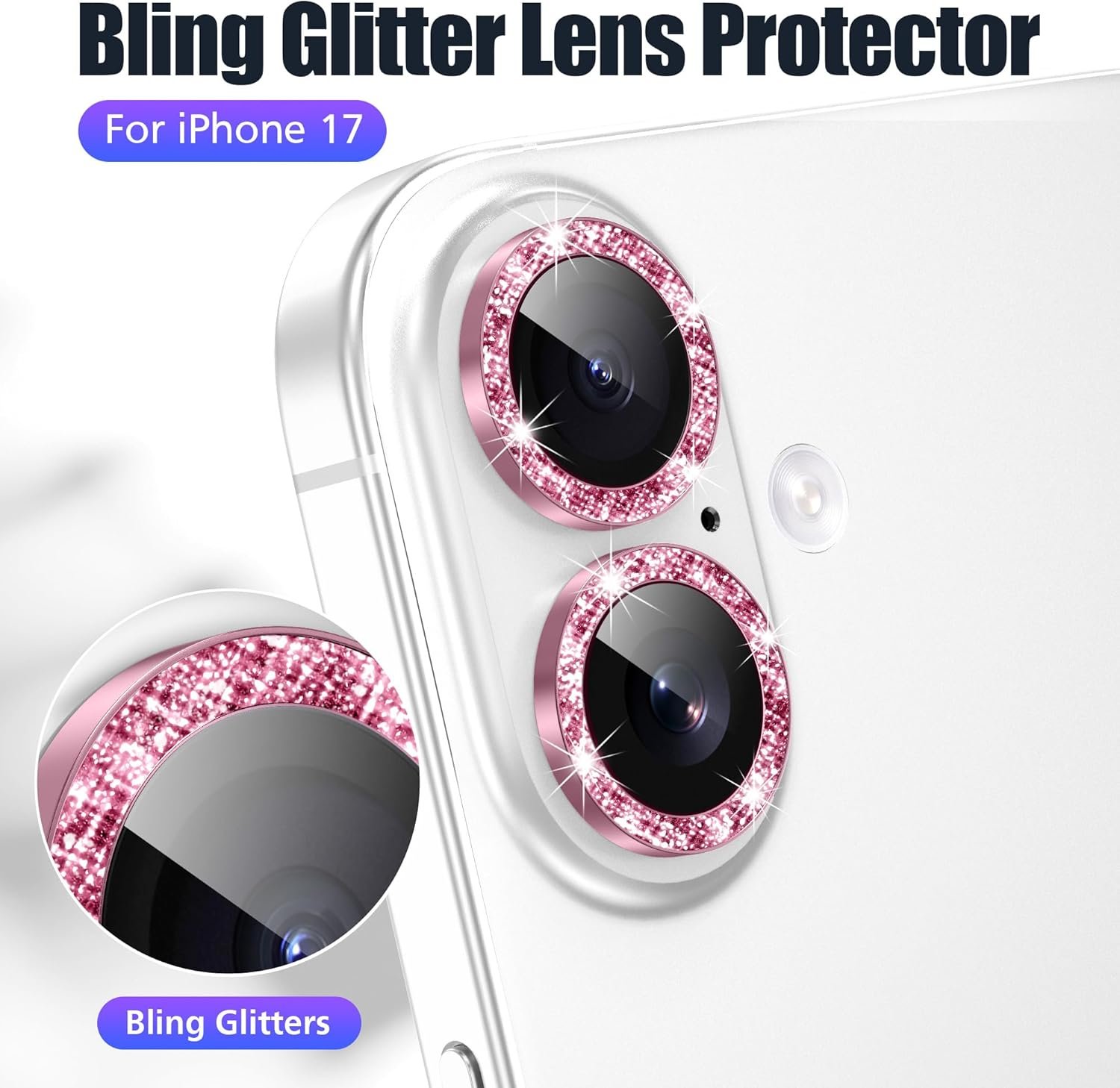 iPhone 17 6.3寸闪钻闪粉金属环镜头保护膜 3+3 6件装 9H钢化高清玻璃 Bling粉 | 留学生海外旅行防刮拍照神器 租房自拍记录异国日常无忧
