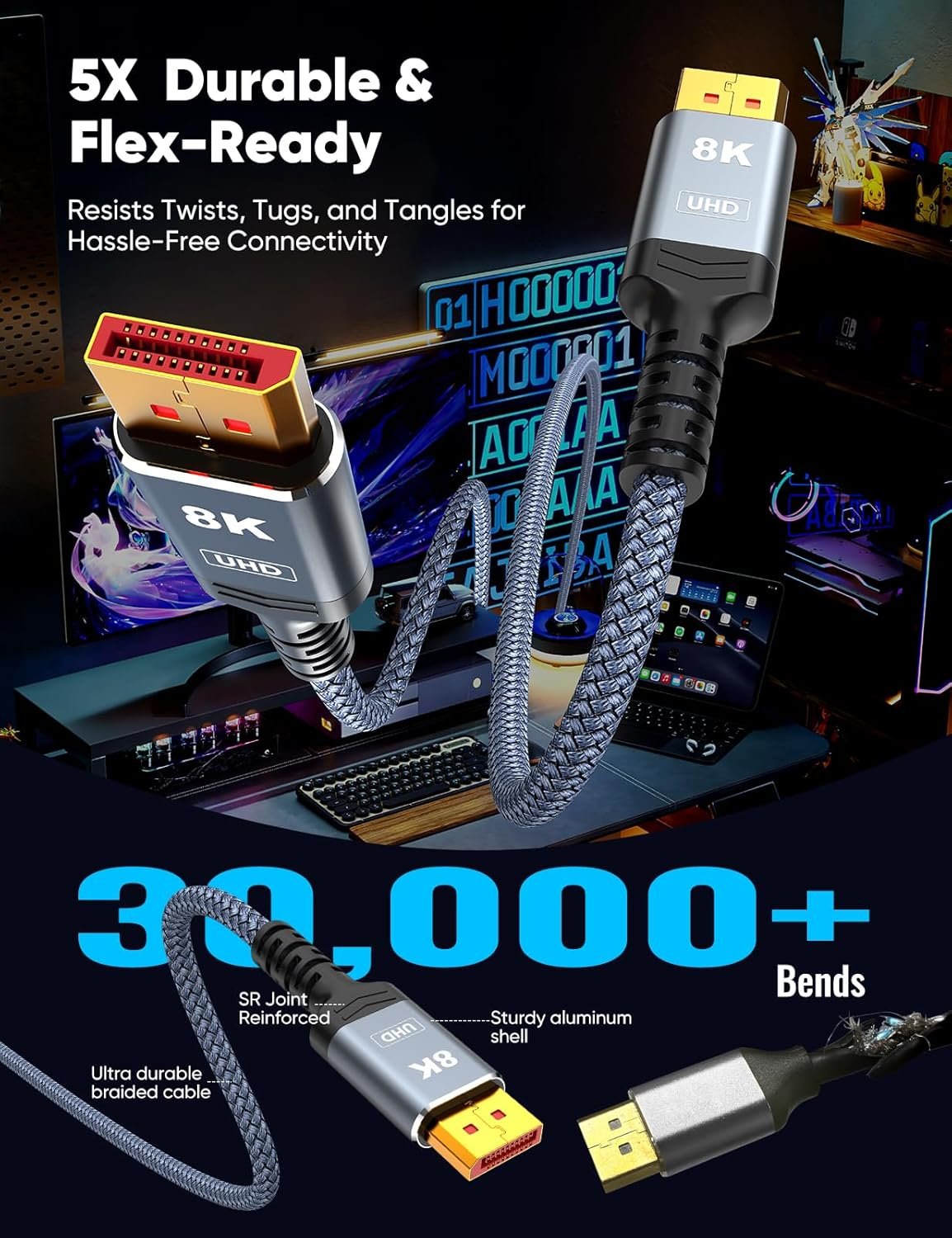 8K DisplayPort 1.4线缆6.6英尺VESA认证：留学生宿舍高清大屏连接神器，4K@144Hz游戏流畅不卡顿，海外熬夜追剧赶due多屏解压利器