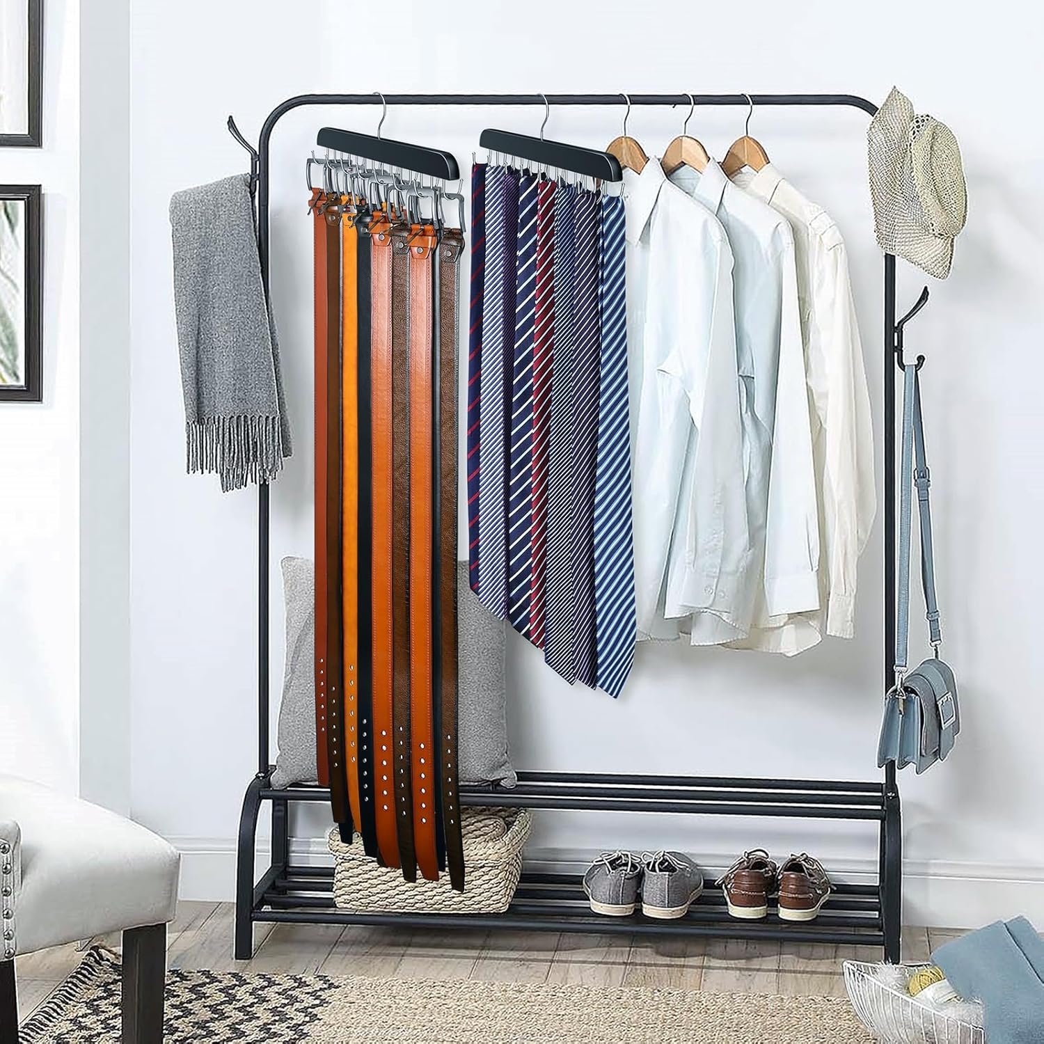 衣柜腰带挂架 留学生租房小空间救星 14钩轻松收42条木质稳固黑款