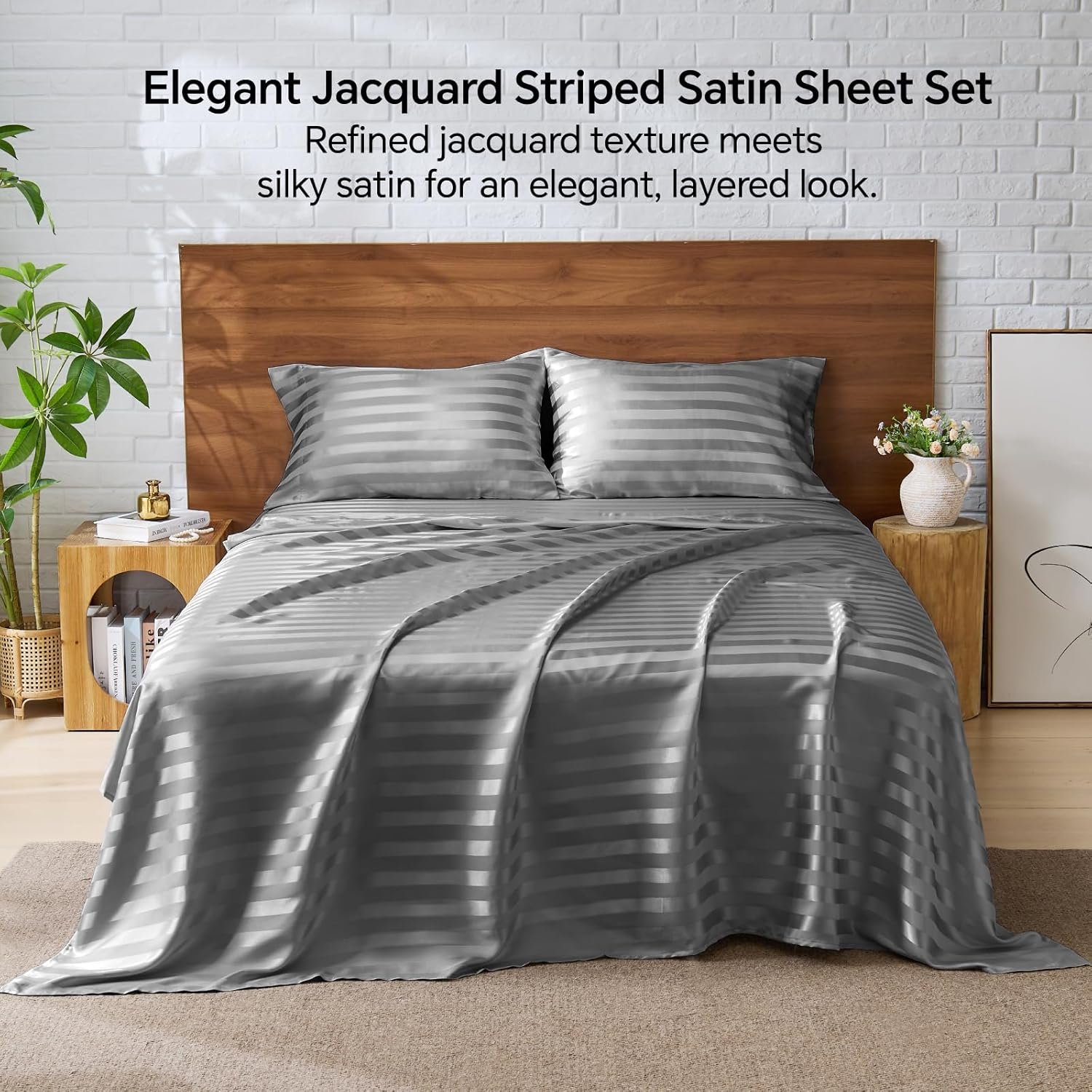 Queen尺寸缎面床单4件套 深灰提花条纹深兜弹性防滑 留学生租房丝滑睡眠神器 熬夜赶due快速恢复精力