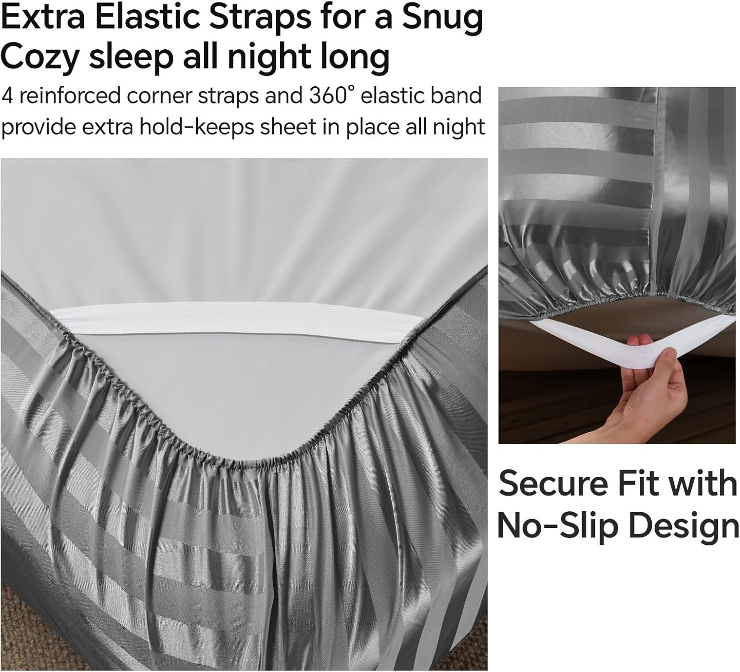 Queen尺寸缎面床单4件套 深灰提花条纹深兜弹性防滑 留学生租房丝滑睡眠神器 熬夜赶due快速恢复精力