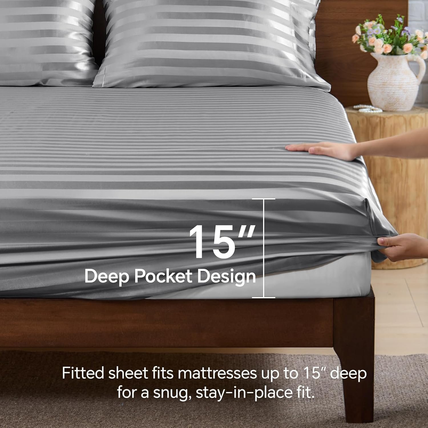 Queen尺寸缎面床单4件套 深灰提花条纹深兜弹性防滑 留学生租房丝滑睡眠神器 熬夜赶due快速恢复精力