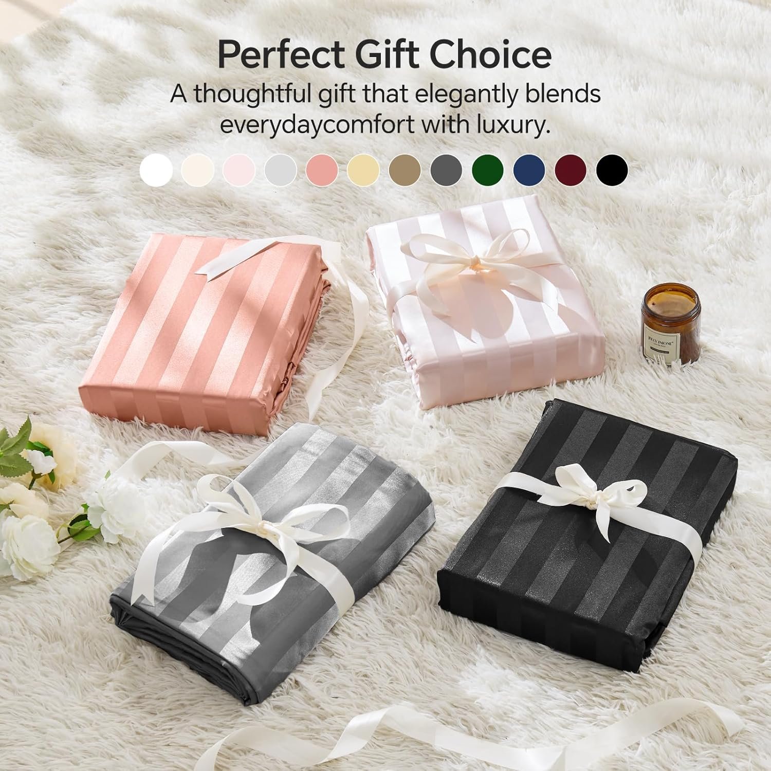 Queen尺寸缎面床单4件套 深灰提花条纹深兜弹性防滑 留学生租房丝滑睡眠神器 熬夜赶due快速恢复精力