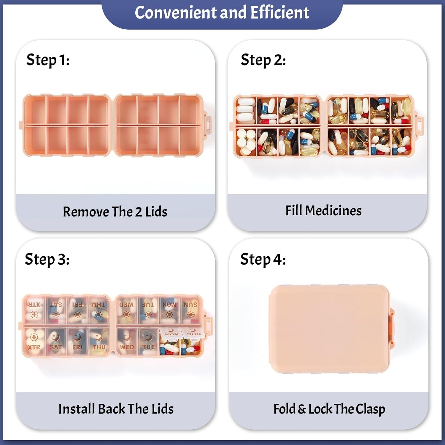 折叠一周AM PM药盒：留学生熬夜赶due旅行不忘补维生素的租房省心助手 - 粉色刻字标签额外2格便携盒