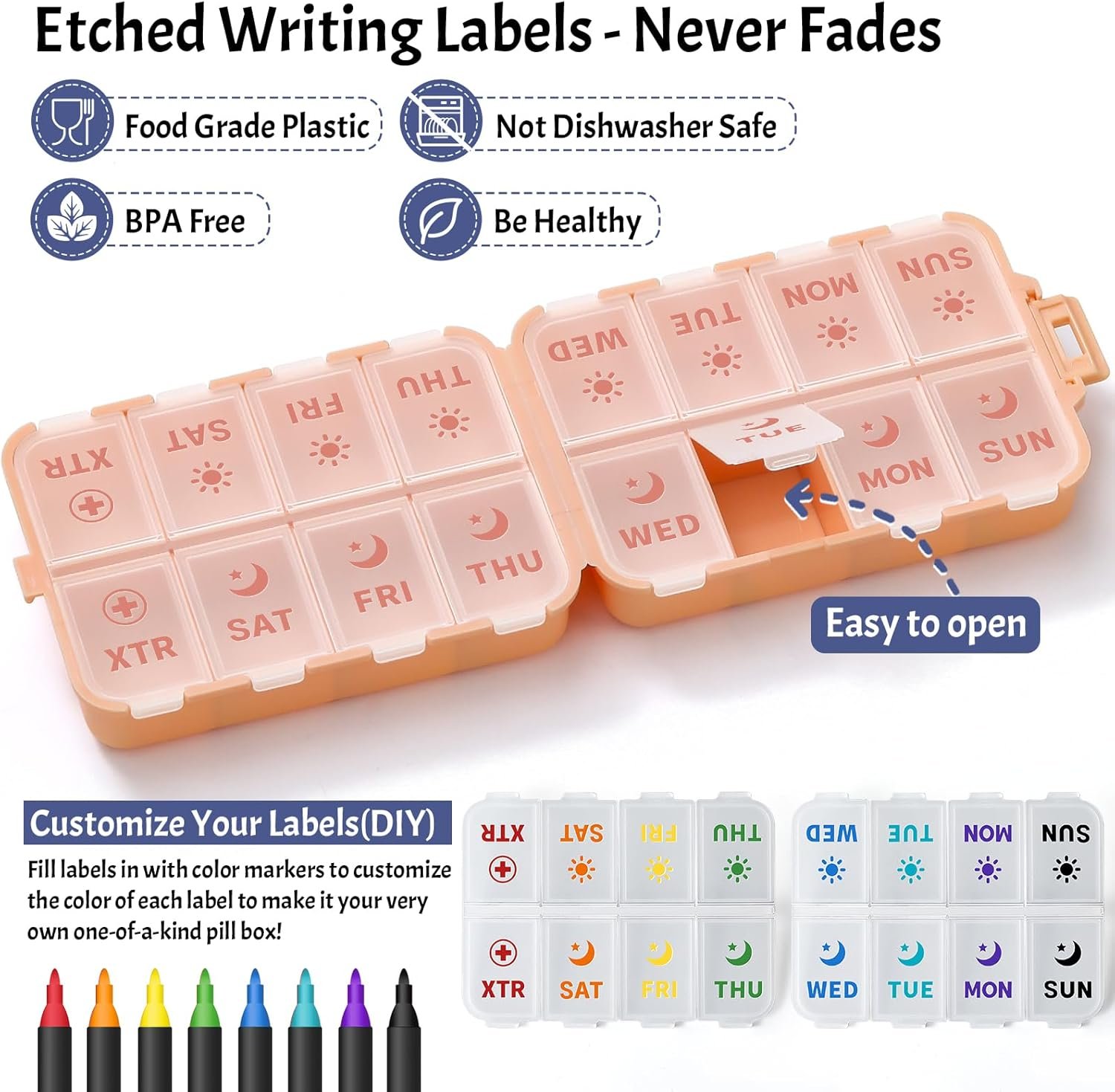 折叠一周AM PM药盒：留学生熬夜赶due旅行不忘补维生素的租房省心助手 - 粉色刻字标签额外2格便携盒