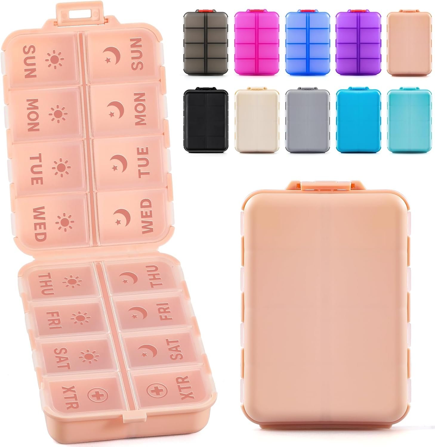 折叠一周AM PM药盒：留学生熬夜赶due旅行不忘补维生素的租房省心助手 - 粉色刻字标签额外2格便携盒