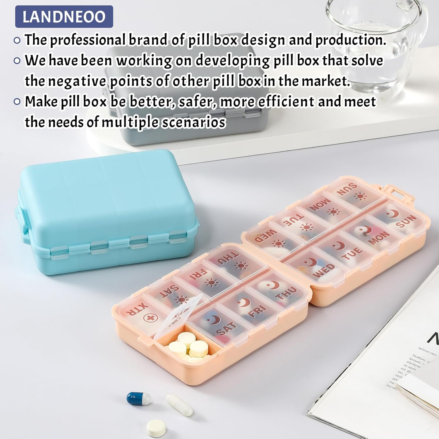 折叠一周AM PM药盒：留学生熬夜赶due旅行不忘补维生素的租房省心助手 - 粉色刻字标签额外2格便携盒