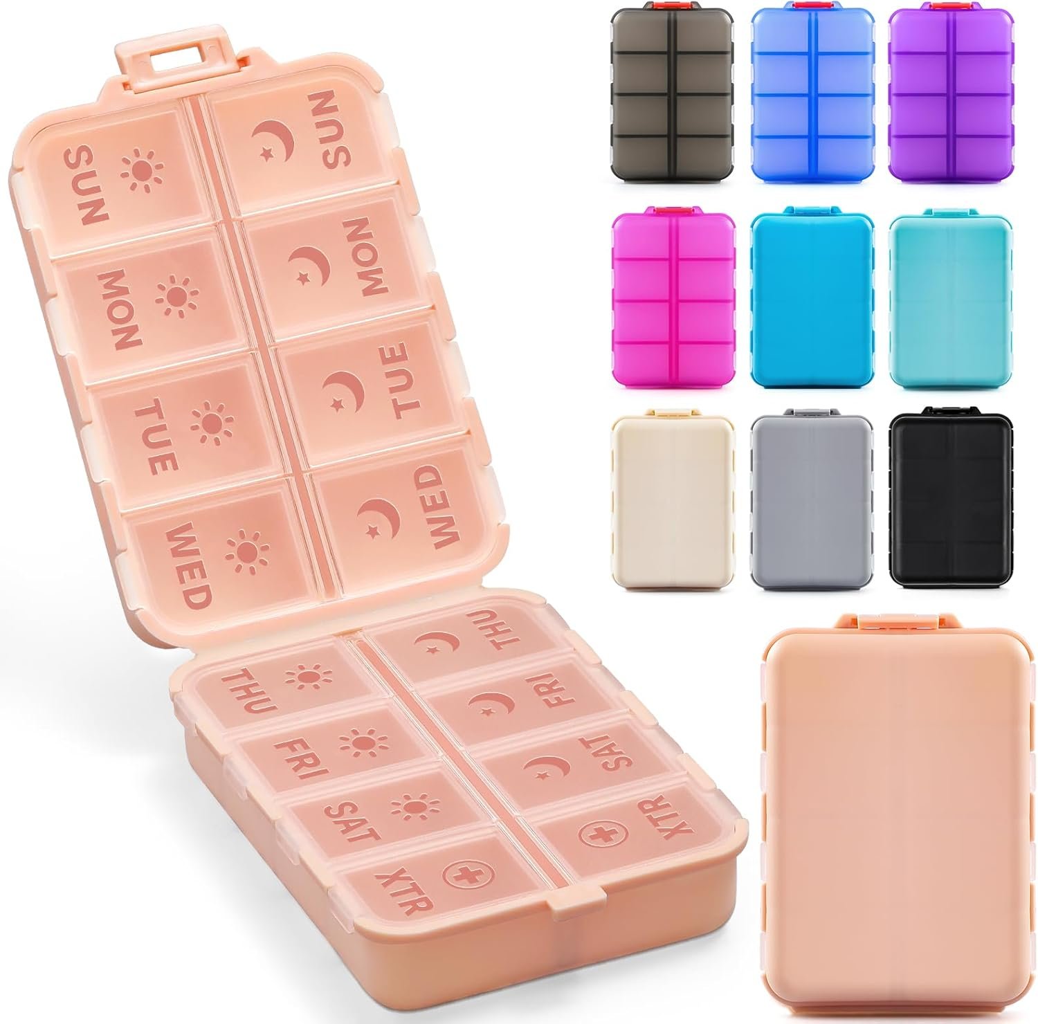 折叠一周AM PM药盒：留学生熬夜赶due旅行不忘补维生素的租房省心助手 - 粉色刻字标签额外2格便携盒