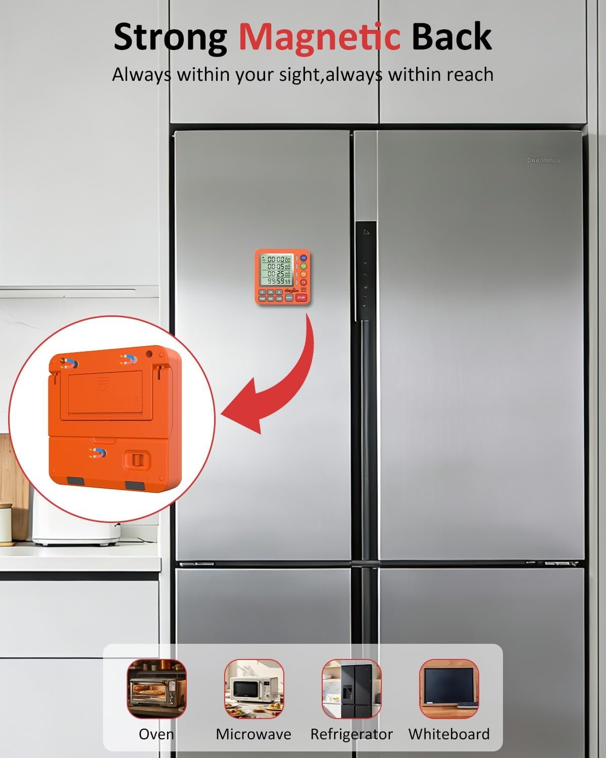 4通道厨房计时器 - 留学生宿舍煮饭赶due健身多任务神器，大屏磁吸静音记忆不扰室友