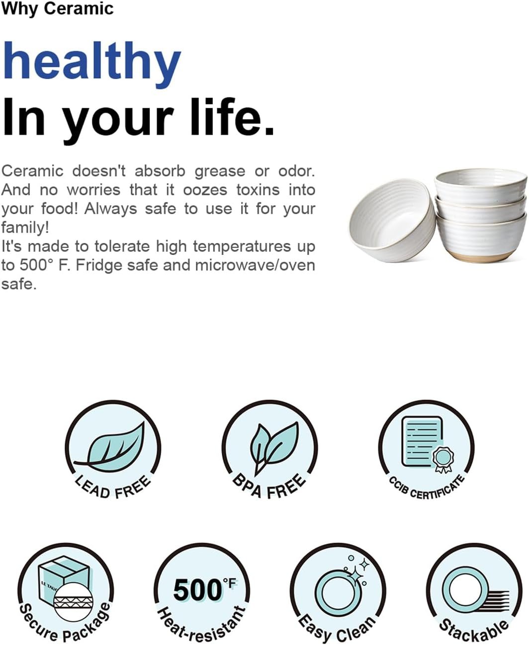 4件套陶瓷汤碗28oz，留学生租房小厨拉面Pho沙拉速热神器，微波烤箱洗碗机安全耐用，海外自煮零负担6寸白