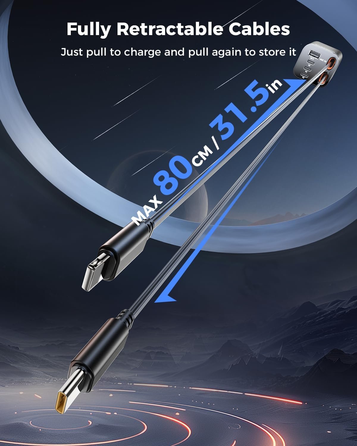 99W可伸缩车载充电器：留学生海外自驾长途快充，带线缆USB C适配器手机续航无忧出行更安心