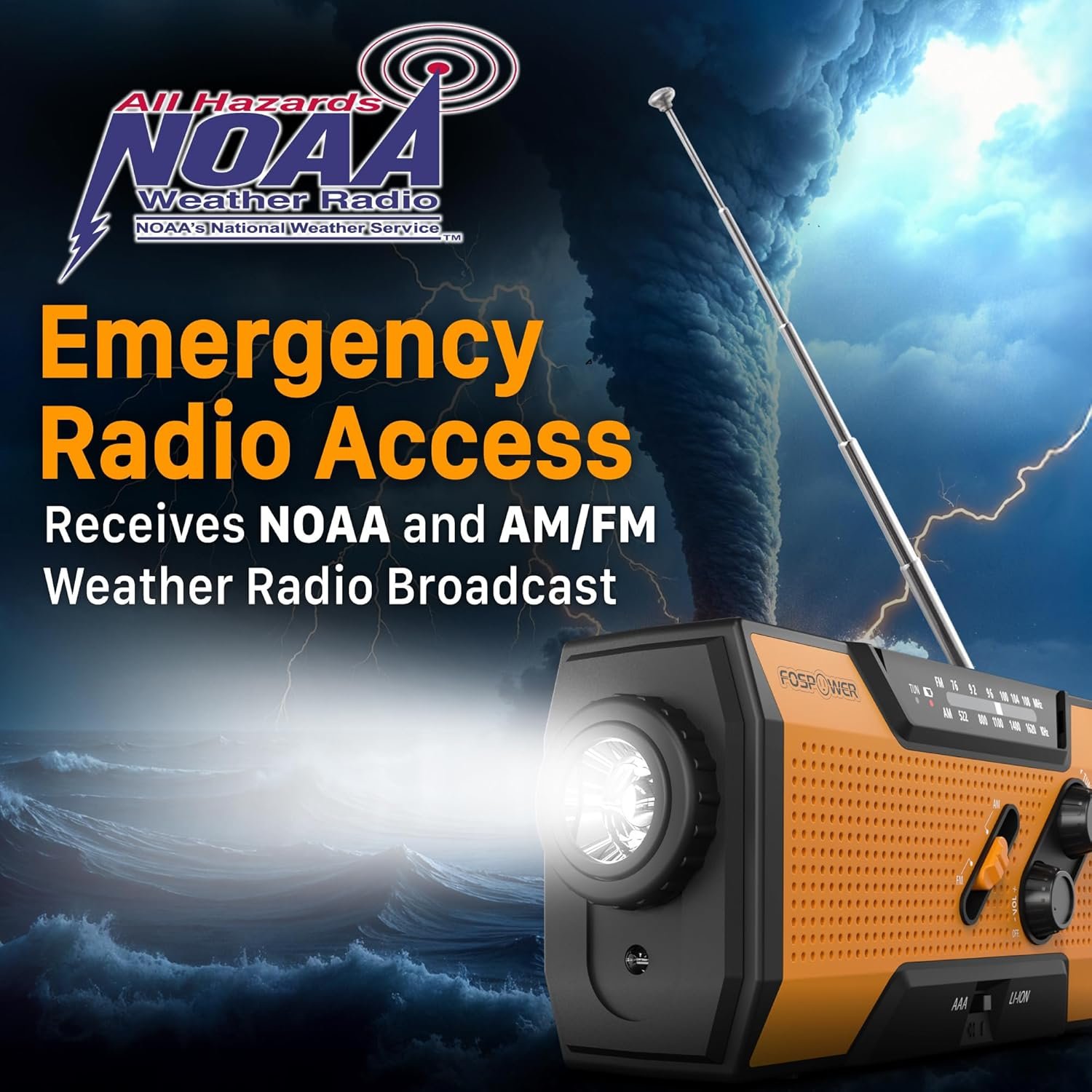 NOAA紧急天气收音机 7400mWh便携电源银行 AM/FM USB太阳能手摇充电 SOS警报手电筒 留学生海外租房停电应急充电 台风预警旅行安全守护