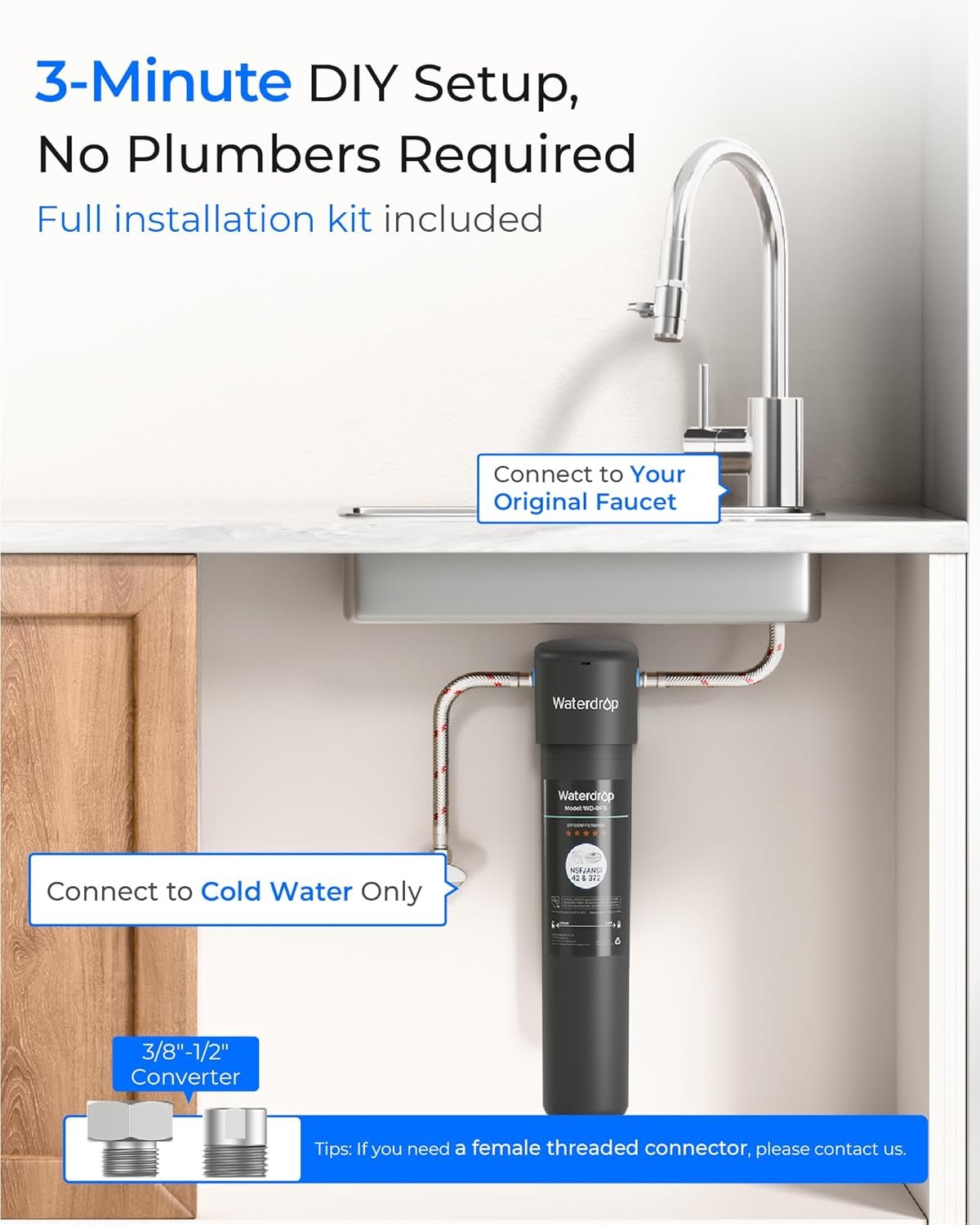 租房橱下直连水过滤系统，2年过滤铅氯异味，留学生海外厨房净水无忧健康饮