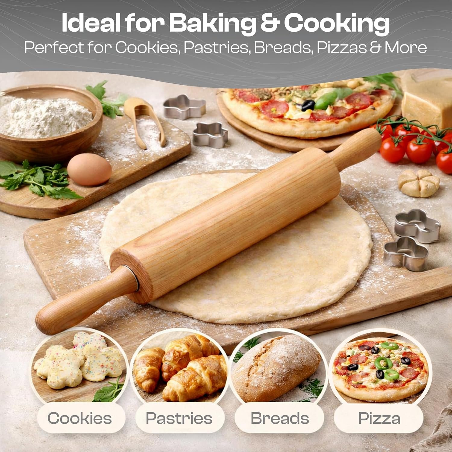 45cm旋转人体工学手柄木质擀面杖 – 留学生租房小厨房省力神器 轻松揉面做披萨面包解乡愁