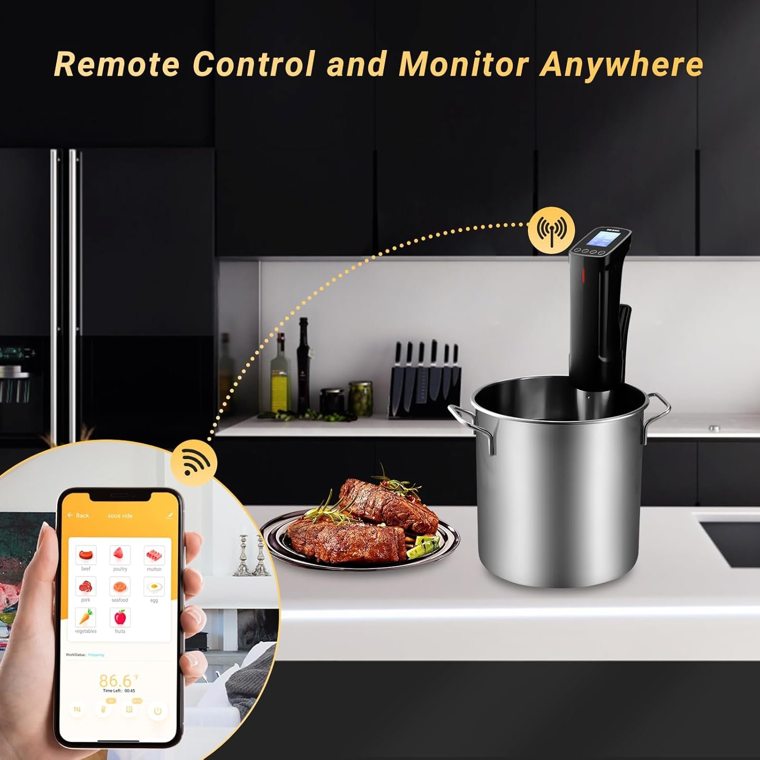 留学生海外小厨房解乡愁：WiFi Sous Vide 1000W 浸没式烹饪机，APP预设食谱远程操控精准煮美食，赶due边学边享家乡美味