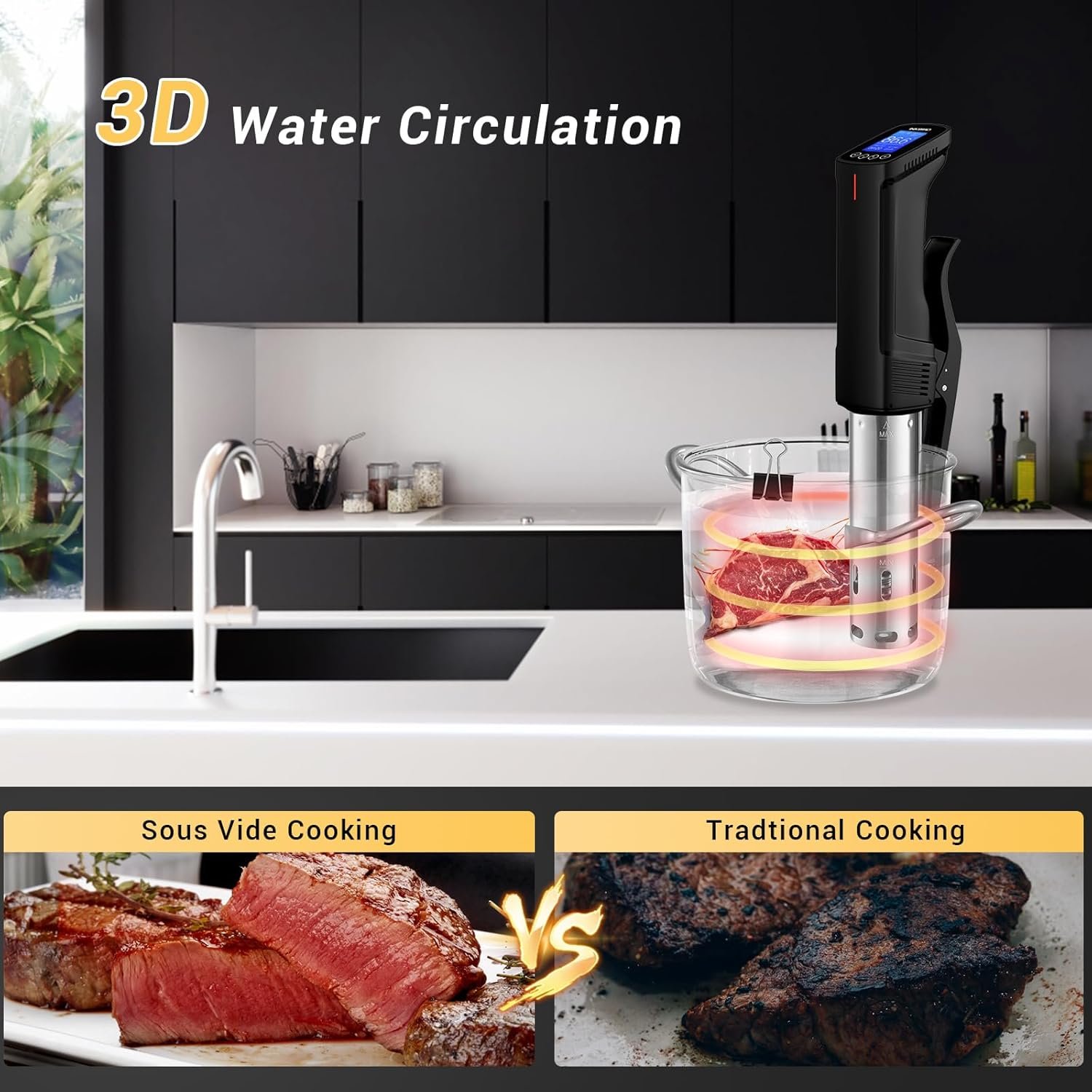 留学生海外小厨房解乡愁：WiFi Sous Vide 1000W 浸没式烹饪机，APP预设食谱远程操控精准煮美食，赶due边学边享家乡美味