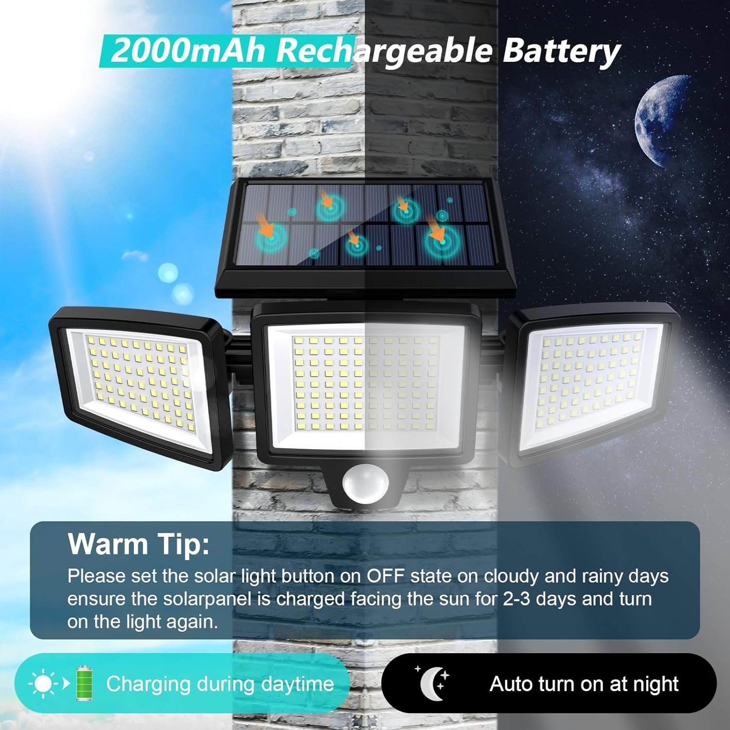 太阳能感应户外壁灯 留学生海外夜归公寓自动亮堂守护 2500LM 210LED 遥控3头 IP65防水270°广角3模式2件套