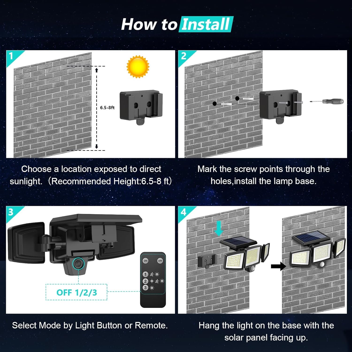 太阳能感应户外壁灯 留学生海外夜归公寓自动亮堂守护 2500LM 210LED 遥控3头 IP65防水270°广角3模式2件套