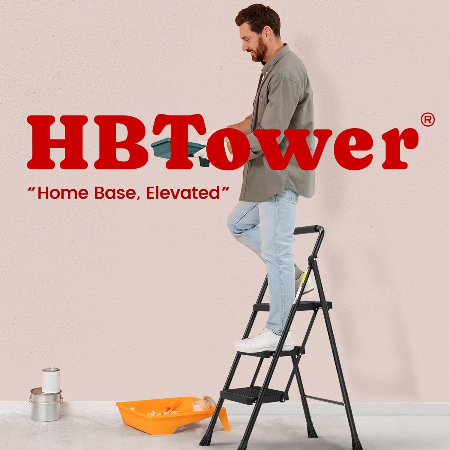 折叠防滑梯凳，留学生宿舍高柜轻松取物，宽踏板钢制扶手轻便稳固