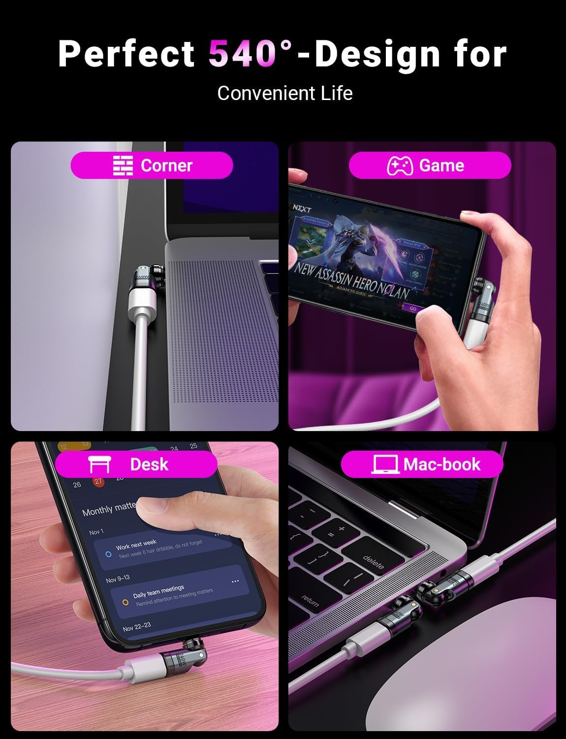 USB C 磁吸适配器 PD 240W(2包) 90度右角旋转充电头 留学生宿舍床上刷剧稳充不掉线