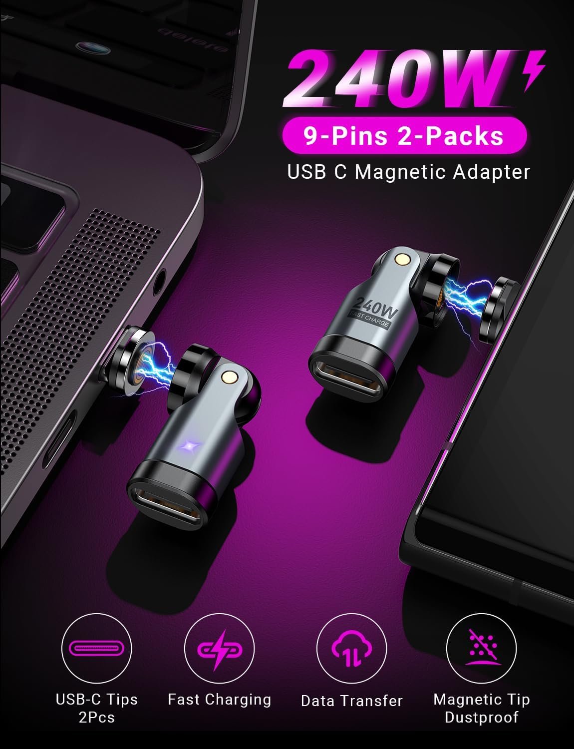 USB C 磁吸适配器 PD 240W(2包) 90度右角旋转充电头 留学生宿舍床上刷剧稳充不掉线