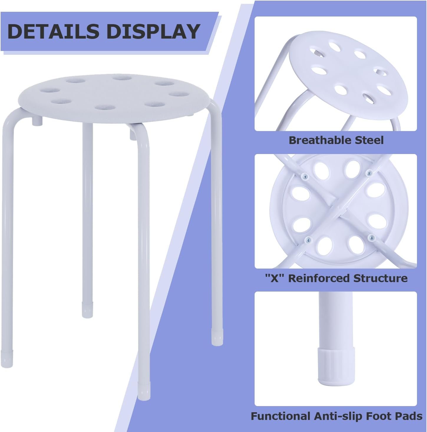 6件套17.7英寸可堆叠矮凳 留学生宿舍小型聚会临时多座 便携省空间多彩装饰座位 白