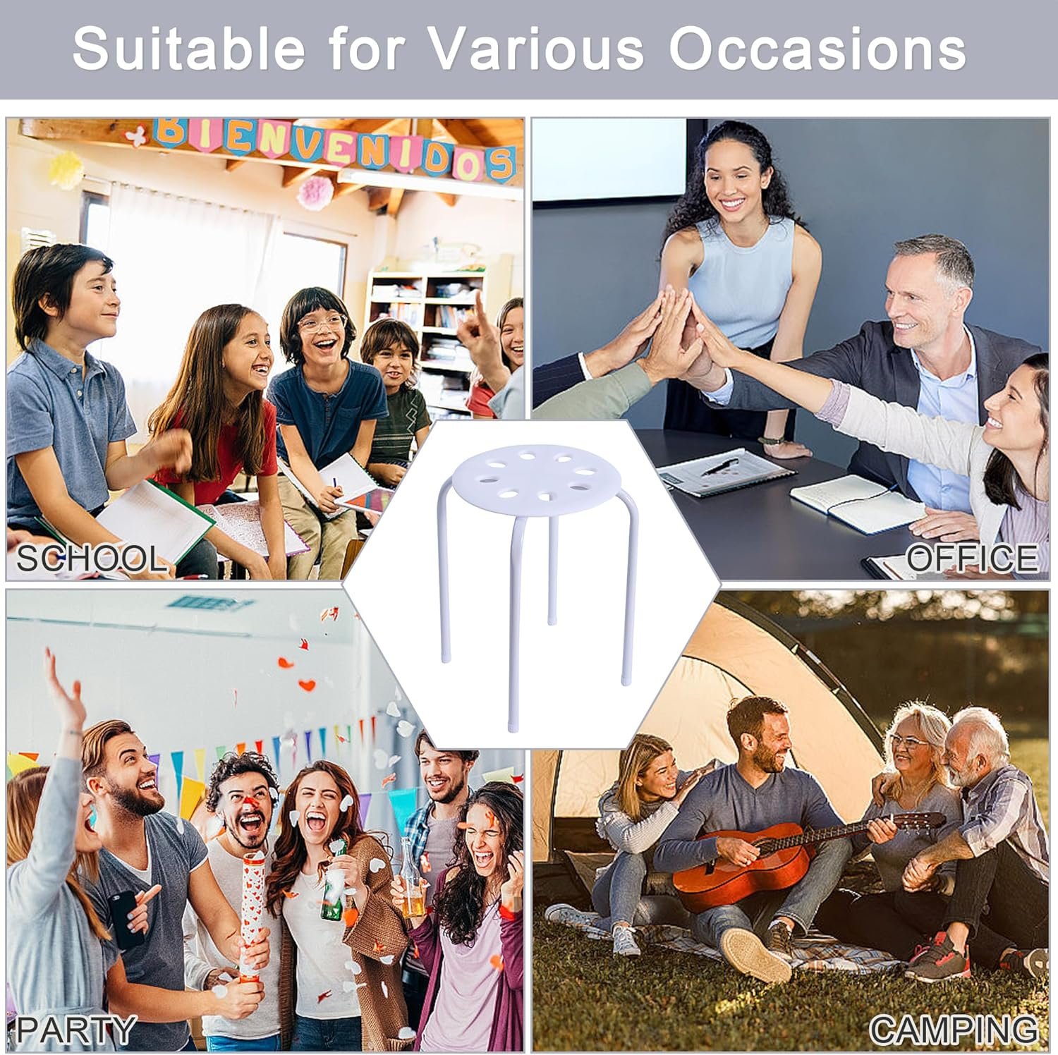 6件套17.7英寸可堆叠矮凳 留学生宿舍小型聚会临时多座 便携省空间多彩装饰座位 白