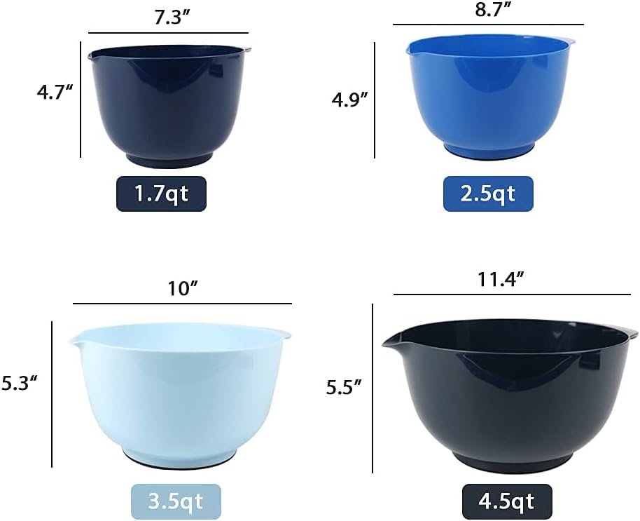 留学生宿舍小厨省空间神器：嵌套塑料搅拌碗4件套1.7-4.5QT 带倾倒嘴非滑底 BPA免费微波洗碗安全 深蓝速备热腾家乡菜
