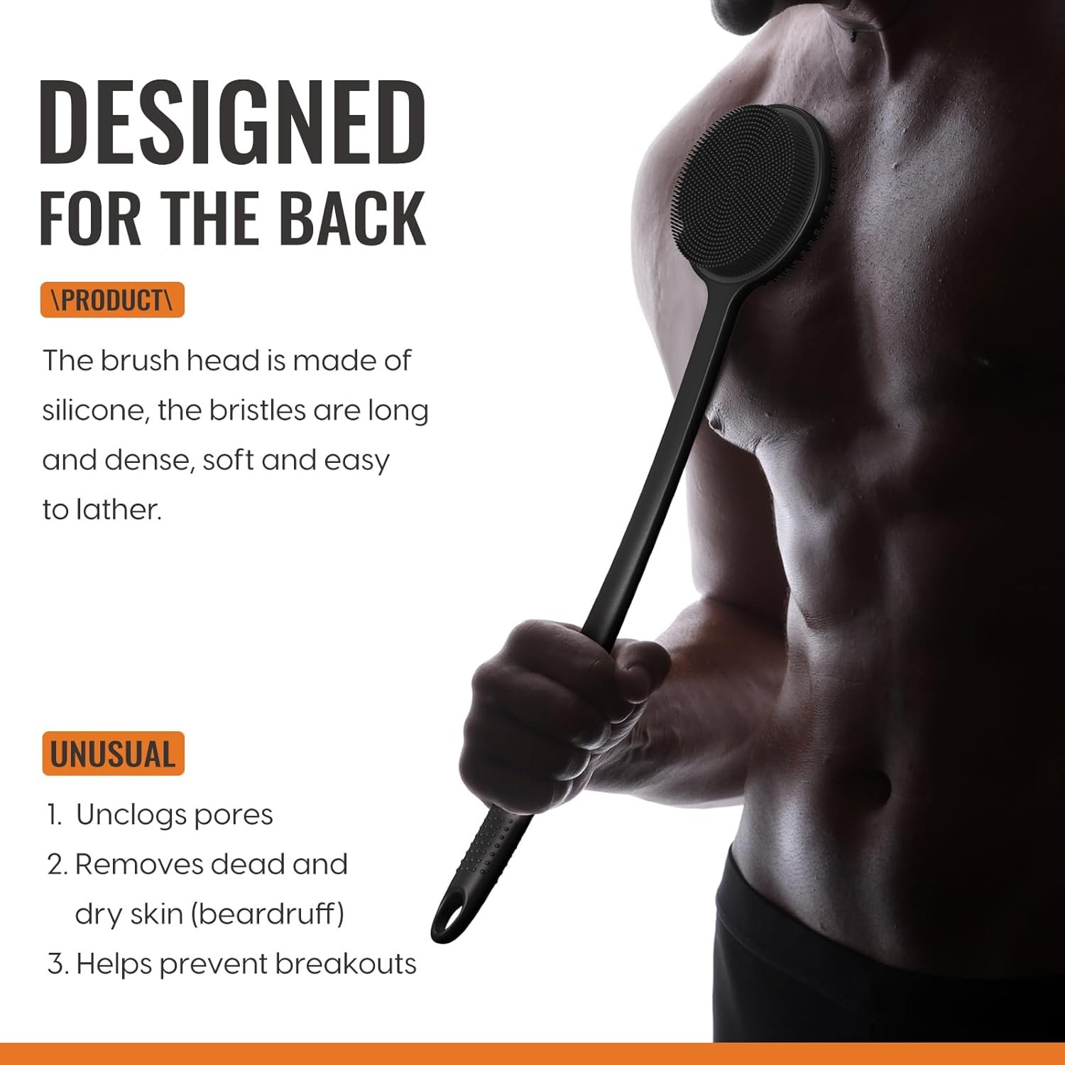 留学生海外小公寓淋浴自理神器：17英寸长柄硅胶背刷 双面去角质按摩 丰富泡沫易冲洗