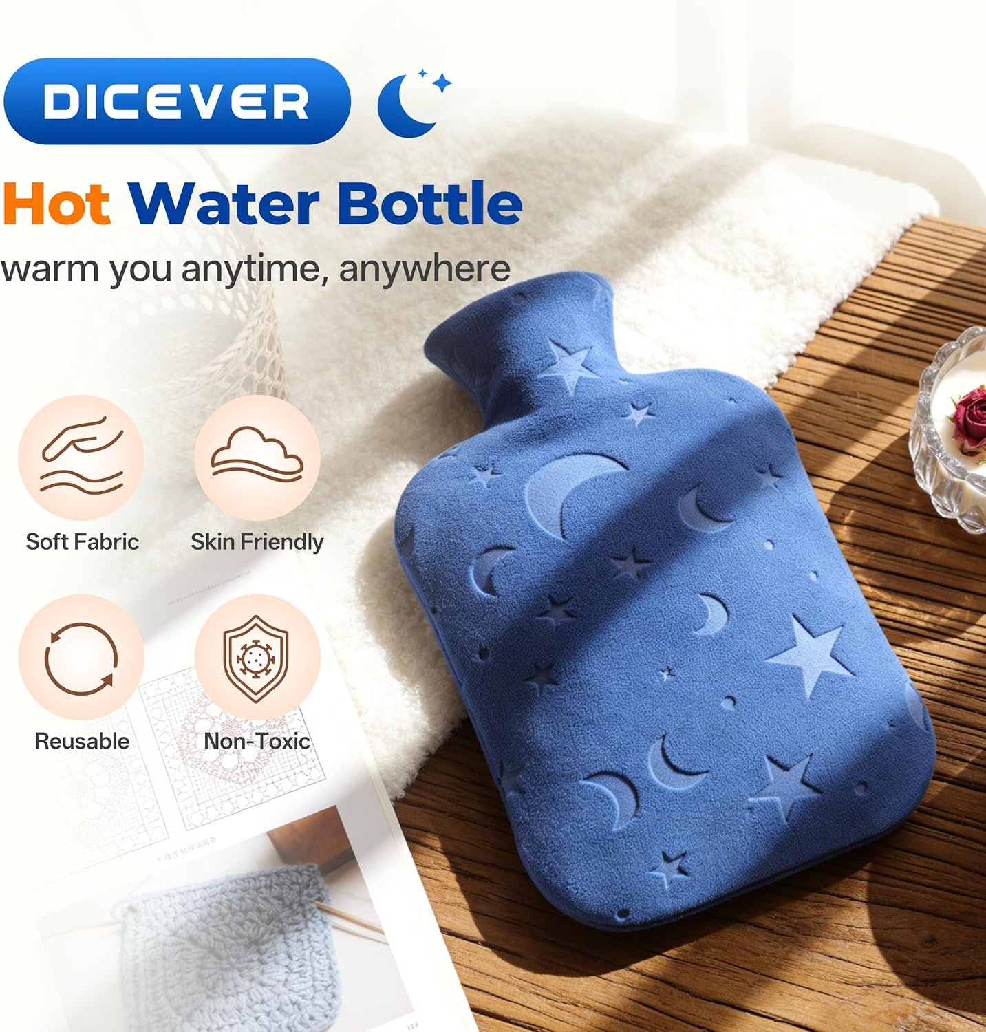 2L软绒热水袋，留学生宿舍寒冬手脚速暖生理期腹痛颈肩热敷缓解，冷热两用蓝色