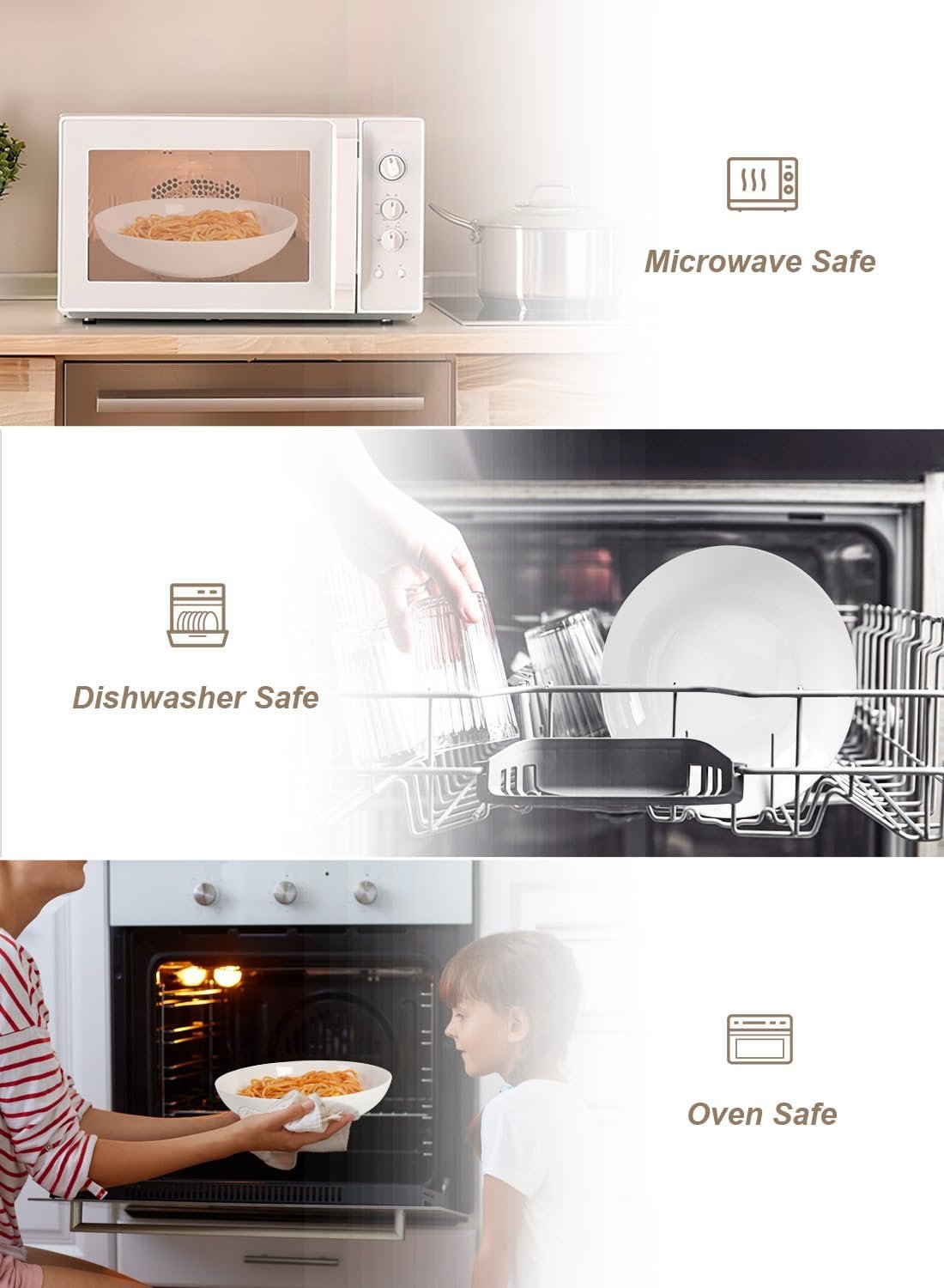 35oz意面碗6件套 8.5英寸宽浅沙拉汤碗 留学生公寓厨房一碗速热大餐 微波洗碗机安全白瓷餐具