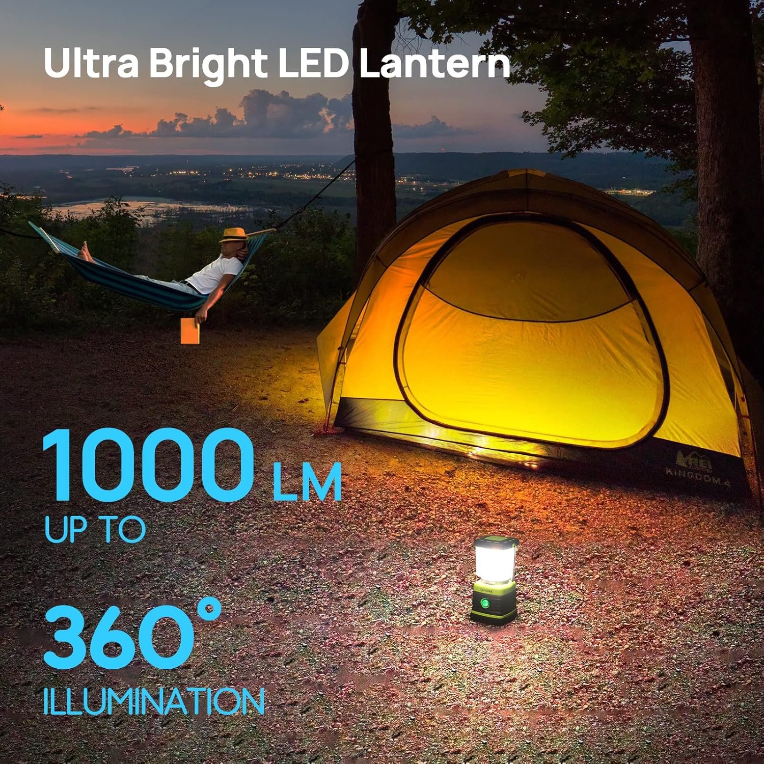 留学生宿舍停电应急电池LED营地灯 1000LM 4光模式 IPX4防水 便携帐篷手电 户外徒步浅绿2件装